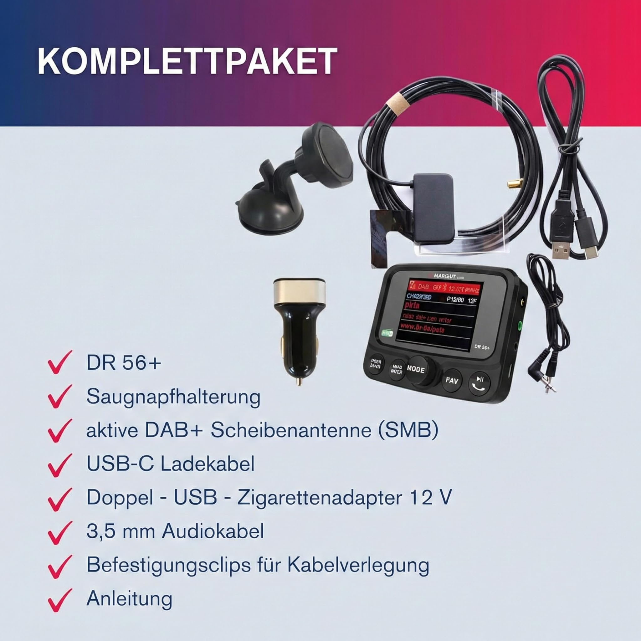 Albrecht DR 56+ DAB+ Adapter zum Aufrüsten von Auto-Radios mit TFT Display, 27256, mit FM-Transmitter für Musik-Streaming über das Handy, schwarz