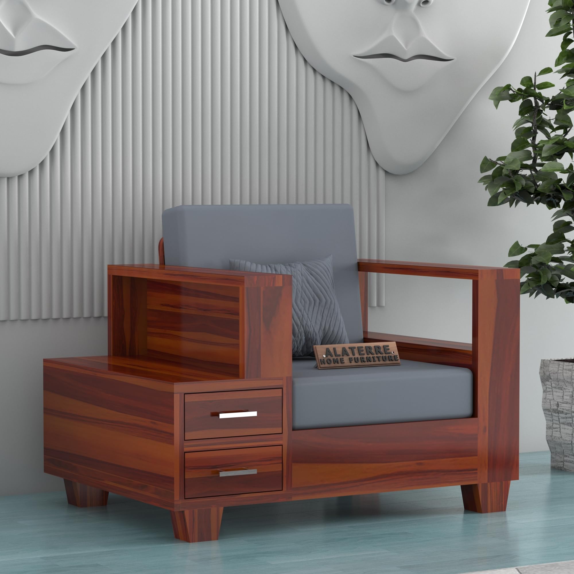 Sheesham Wooden 1 Seater Sofa Set for Living Room | Solid Wood Sofa with Side Box Storage & Cushion | Rosewood Sofa Set for Home & Office | Lounge (Honey, 1 Seater)-image-48