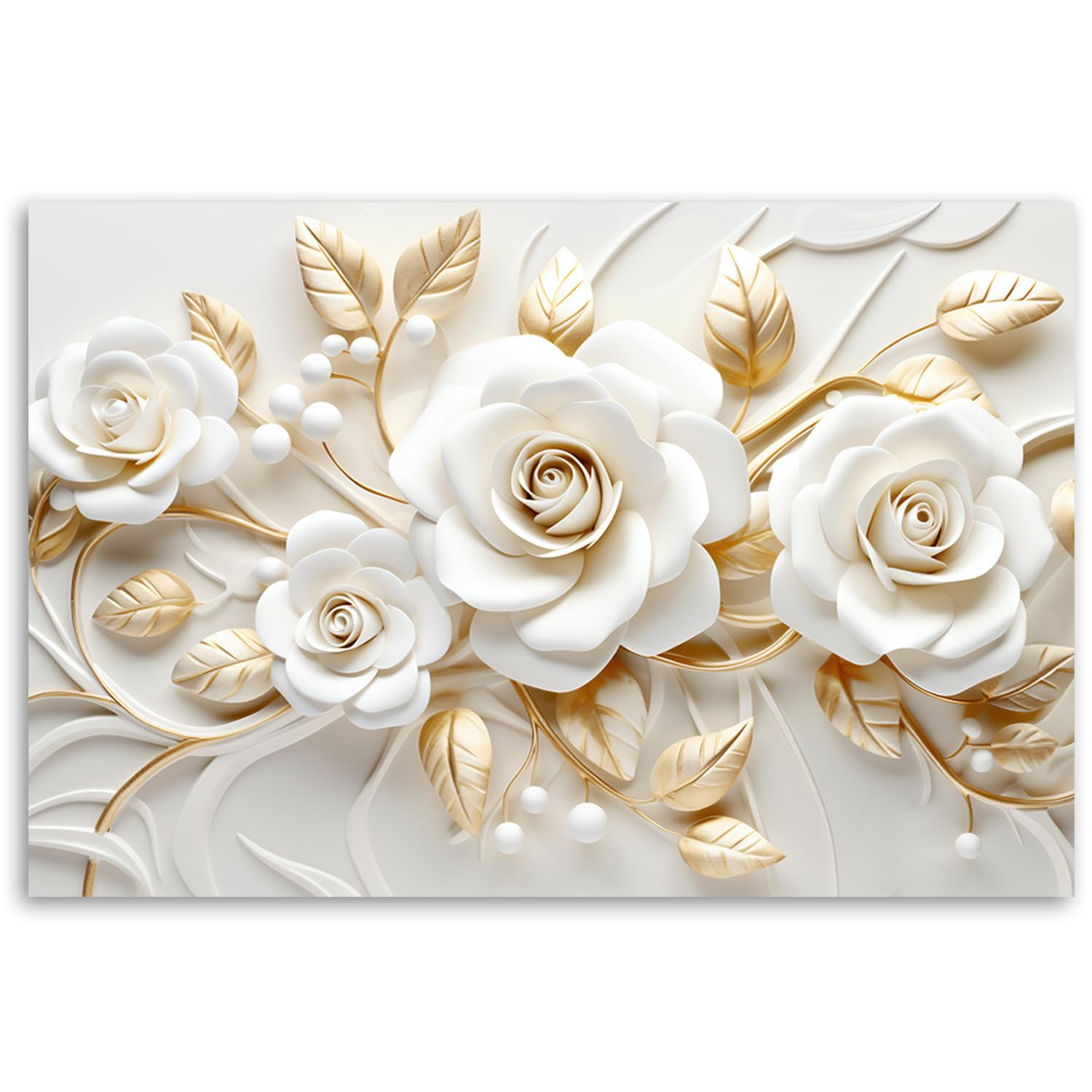 Feeby Quadro 3D Fiori Oro Natura 120x80 cm 1 parte Stampa Murale Decorazione da parete Immagini Moderni per Soggiorno Camera da Letto Ufficio Corridoio Hotel Spa Botanica Motivo floreale bianco