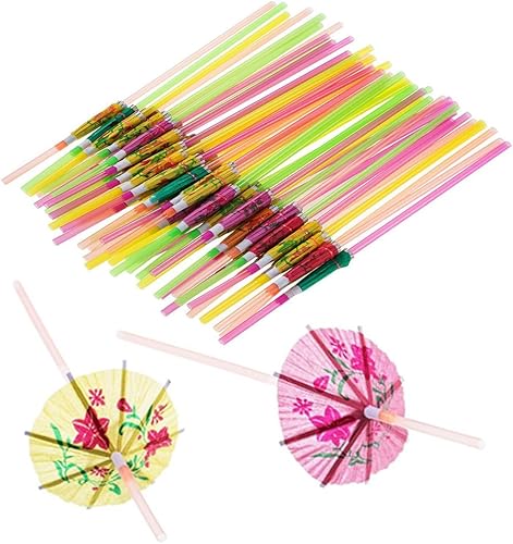 100 popotes desechables en forma de paraguas, flexibles, flexibles, para decoración de mesa, para bebidas tropicales hawaianas, refrescos, cócteles,