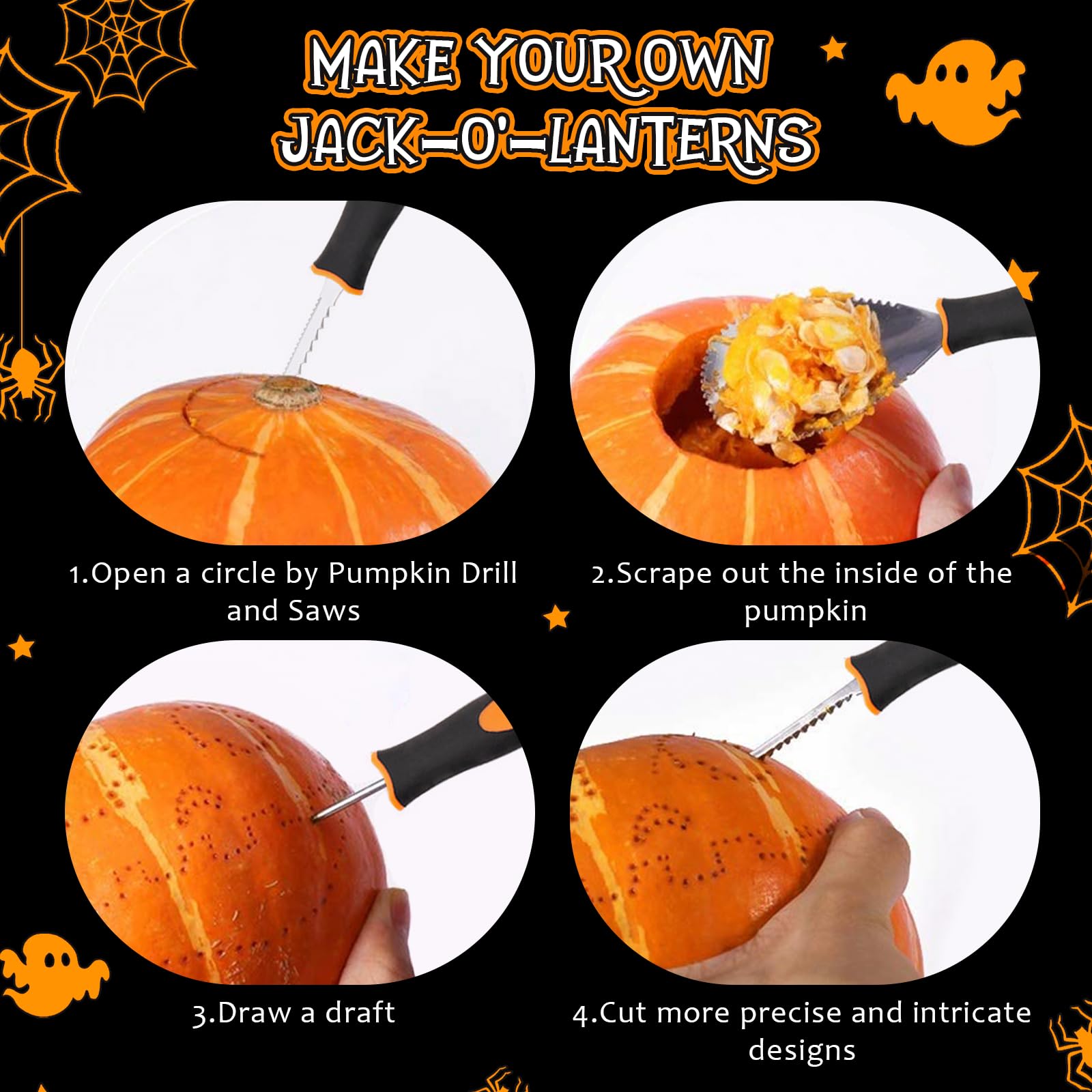 MALLY kit intaglio zucca Halloween 11 pezzi, strumento intaglio acciaio inossidabile, coltello e cucchiaio