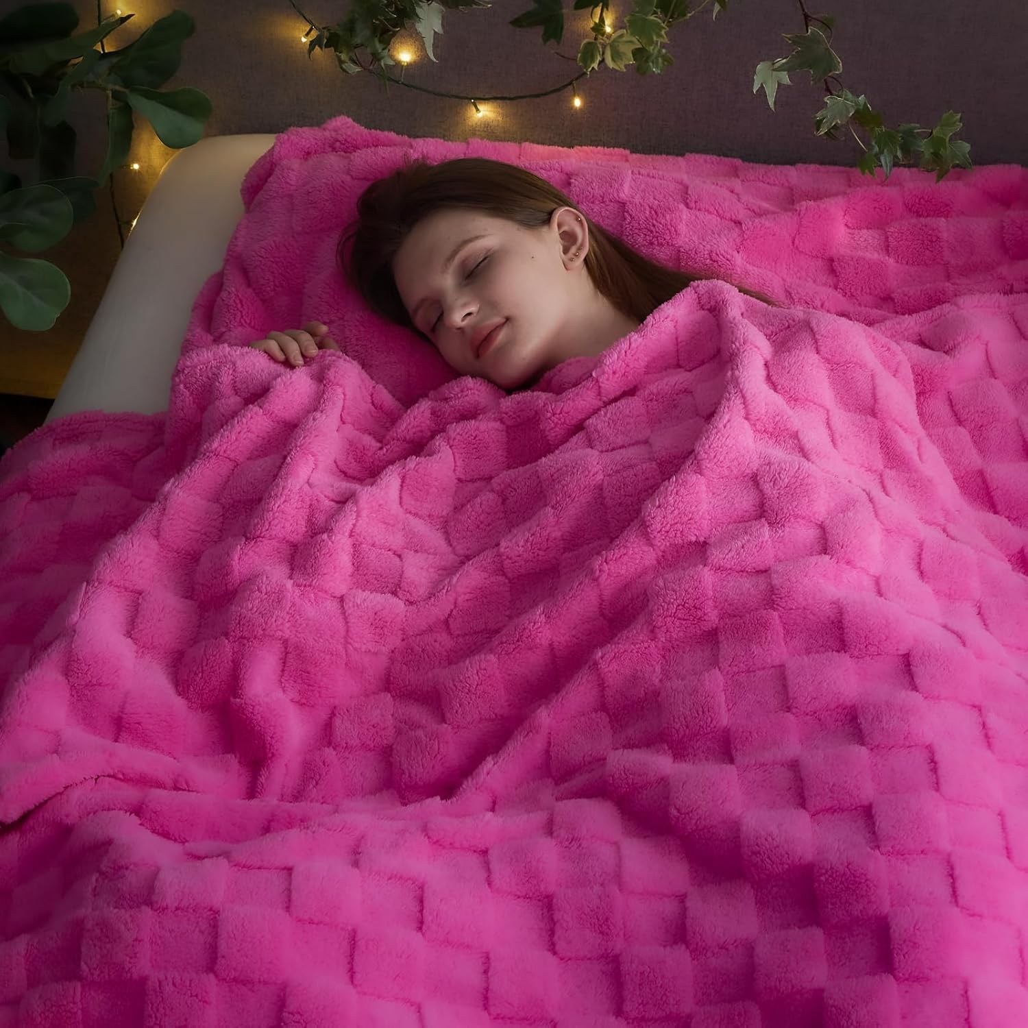 NEWCOSPLAY Super Soft King Blanket Hot Pink Premium Silky Flannel Fleece 3D Checkered Lightweight Bed Blanket All Season Use (Hot Pink Checkered, King(90"x110")) - Image 2