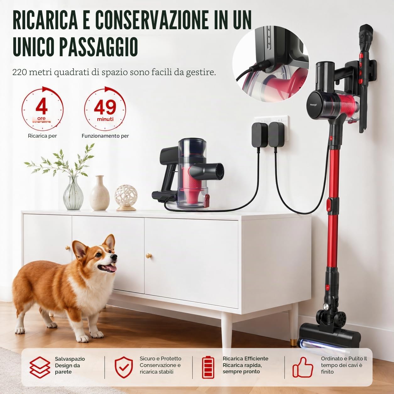 Aspirapolvere Senza Fili Estensibile 4-in-1 Scopa Elettrica Senza Filo LED/Filtro HEPA/2 Velocità /49Mins Autonomia,Aspirapolvere Anti-groviglio,Ultraleggero,per Tappeti,Pavimenti,Peli animali(Rosso)