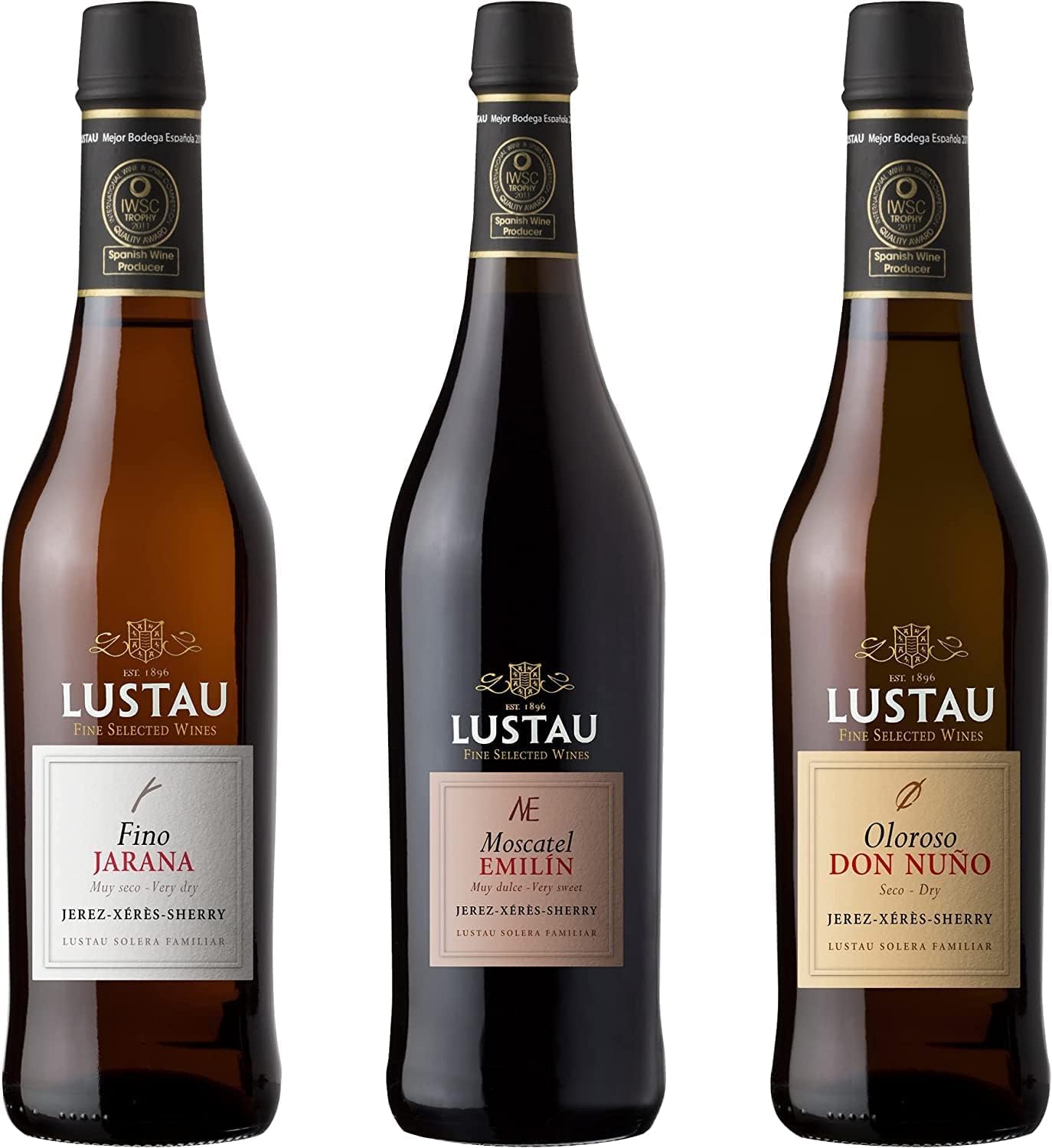 Lustau Sherry Trio Deluxe Geschenkpackung mit je 1 x 0,375 l: Sherry Jarana 15% vol. & Sherry Moscatel Emilin 17% vol. & Sherry Don Nuno 20% vol. (3 x 0.375 l)