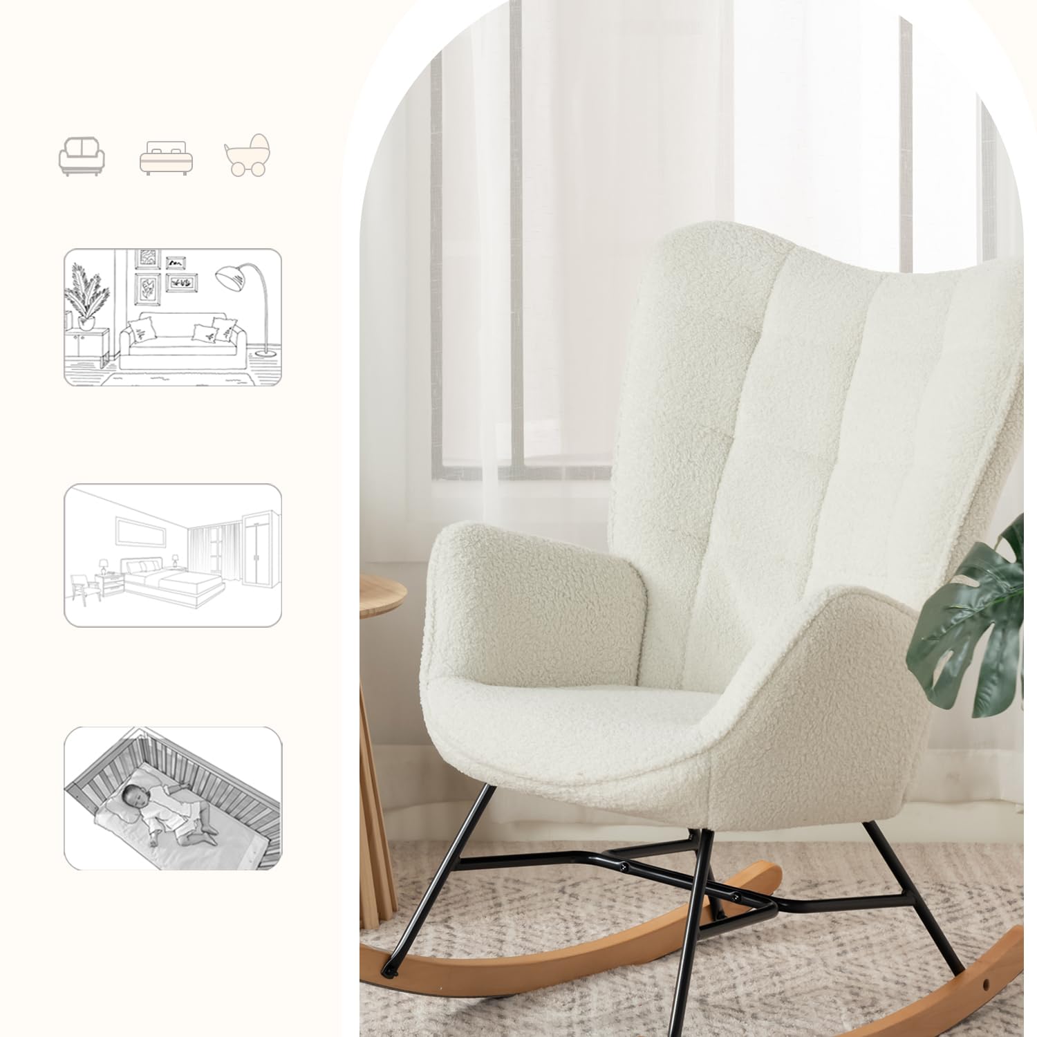 MEUBLE COSY Sedia a Dondolo Poltrona Imbottita Relax con Braccioli Schienale Alto per Soggiorno Cameretta in Tessuto Sherpa con Gambe in Legno, Beige