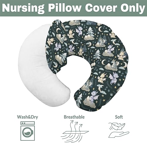 Miniatura 7 de Funda de almohada de lactancia de dragones de cuento de hadas para niños y niñas, diseño de dragón, luna, estrellas, nubes, árboles, huevos, funda