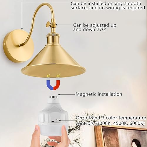 Miniatura 3 de Aplique de pared inalámbrico con pilas, juego de 2 luces de pared industriales doradas, lámpara de pared magnética recargable vintage con control