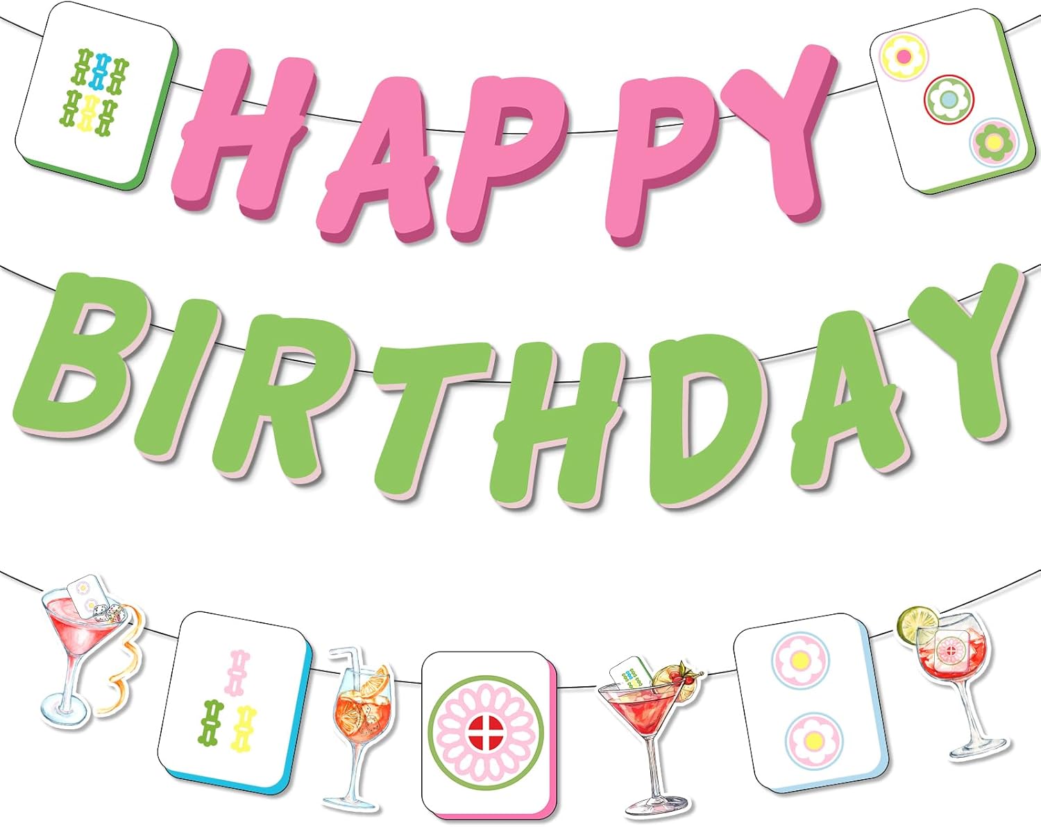 Mahjong Cocktail Party Decorations, Mah Jong Happy Birthday Banner Pink and Green Mahjong Themed Bunting Sign Banner for Game Night Celebration Ladies Birthday Party Supplies