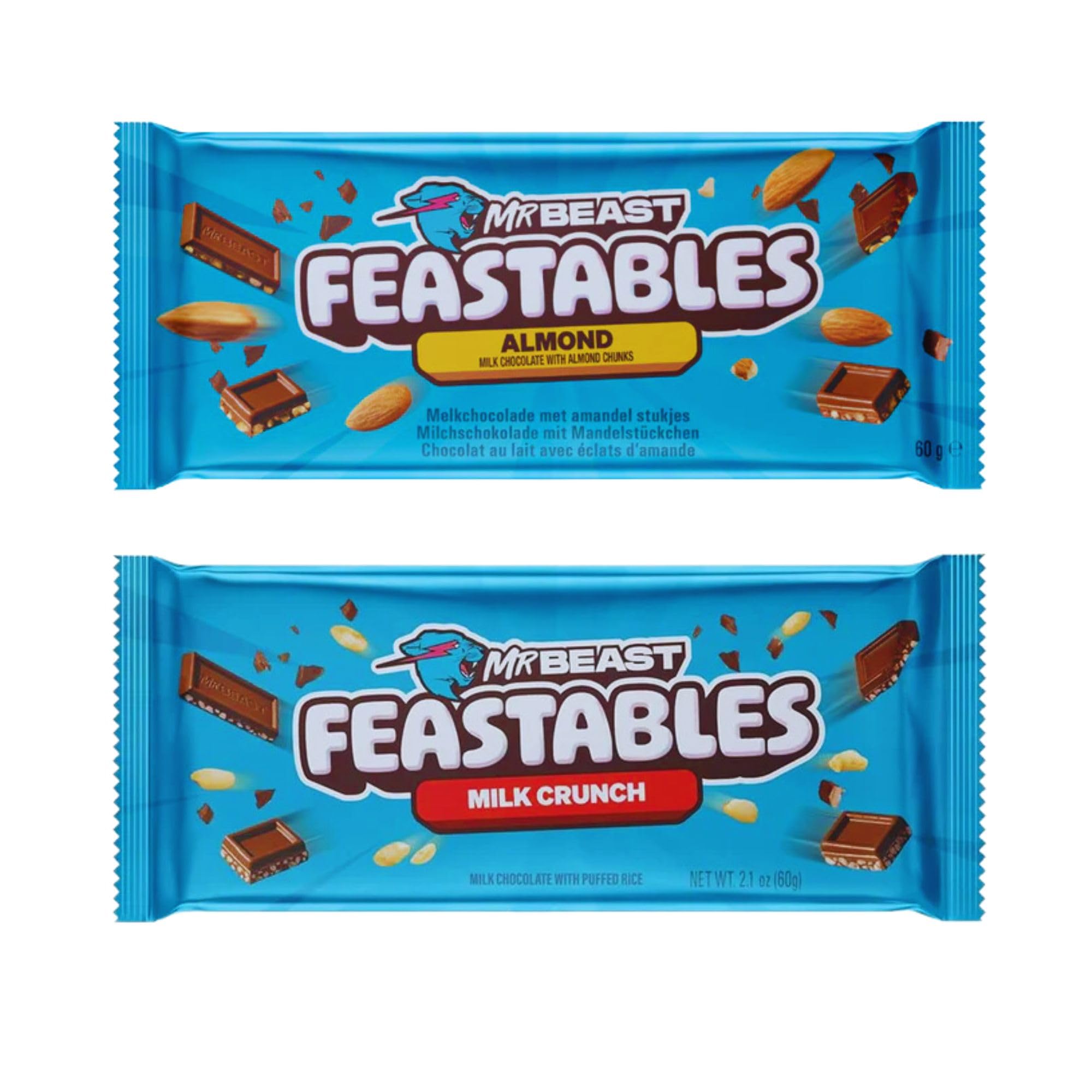 Feastables Mrbeast Milk Chocolate, Creamy Healthy Snack Individually Wrapped Bars for Dessert, Snacks Treats for Kids Small Gifts Presents (2× 60g, Almond & Milk crunch)