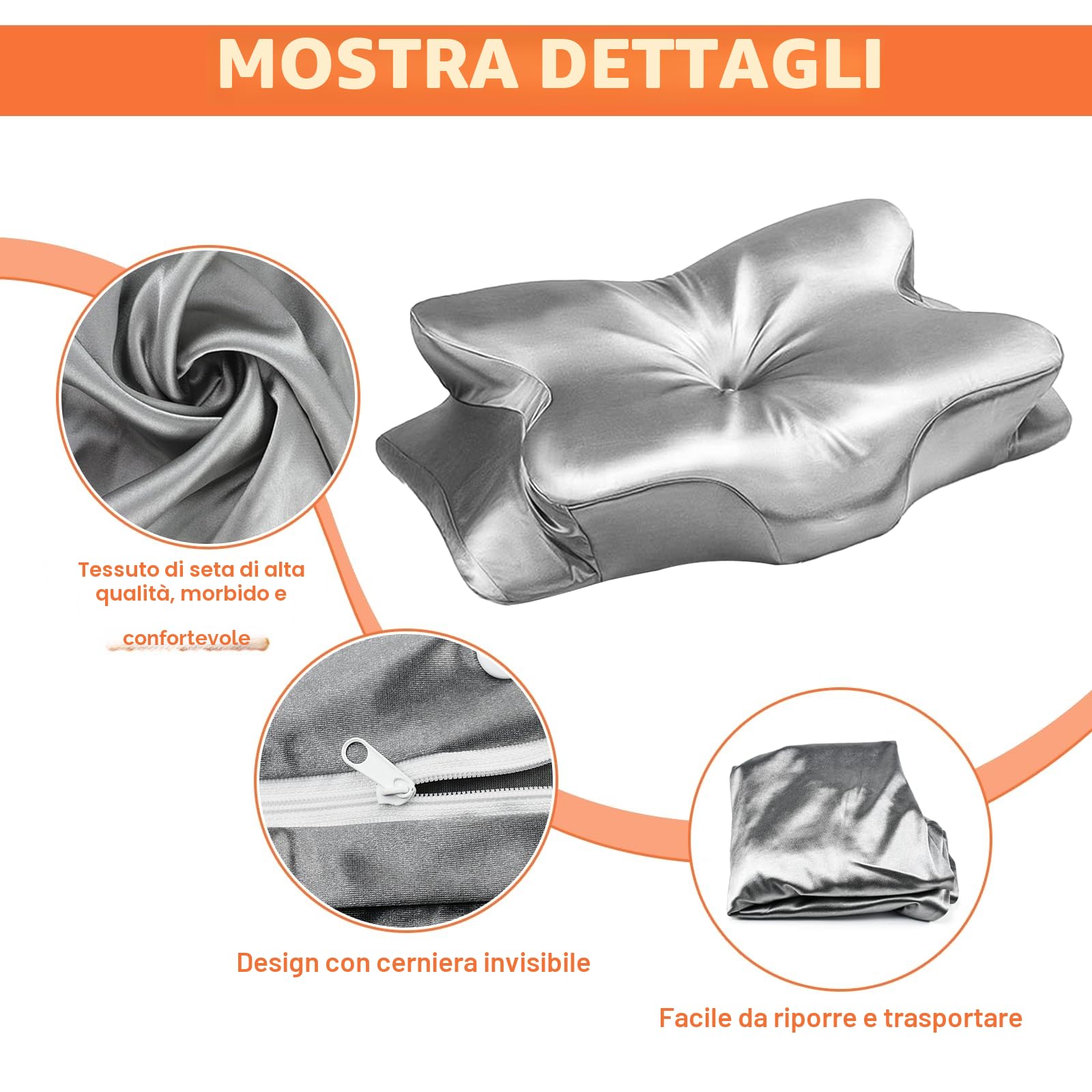 Federa in raso per cuscini in memory foam, federa ortopedica in seta, federa per cuscino in raso, federa per cuscino di supporto cervicale JK79, argento (solo per 63 x 38 x 14 cm)