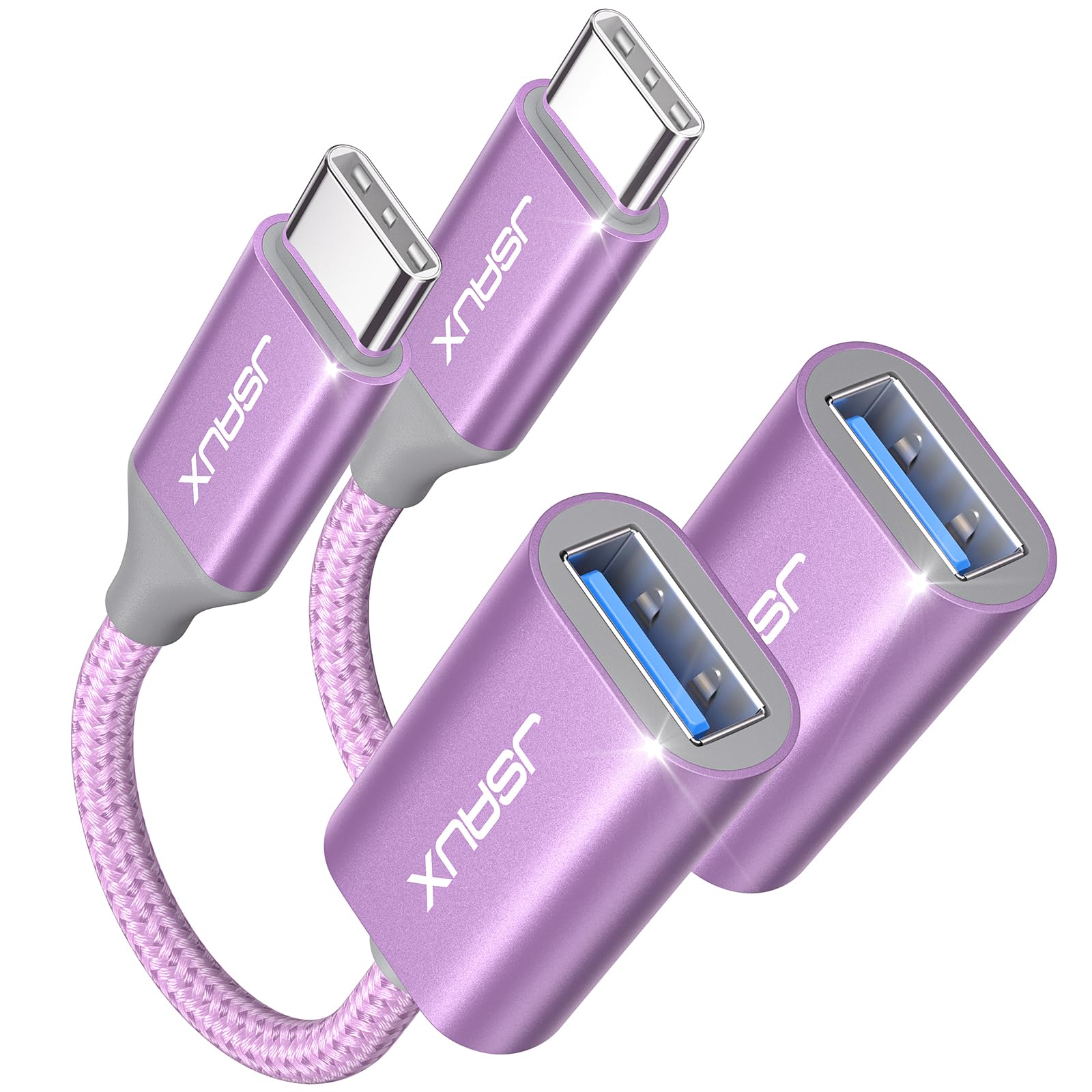 JSAUX USB C to USB 3.0 Adapter [2 Pack], USB C Male to USB Female OTG Cable Adapter Compatible with MacBook Pro/Air, iPhone 16 Pro Max/16 Plus/16e/15, Samsung Galaxy S25/S24/S23-Purple