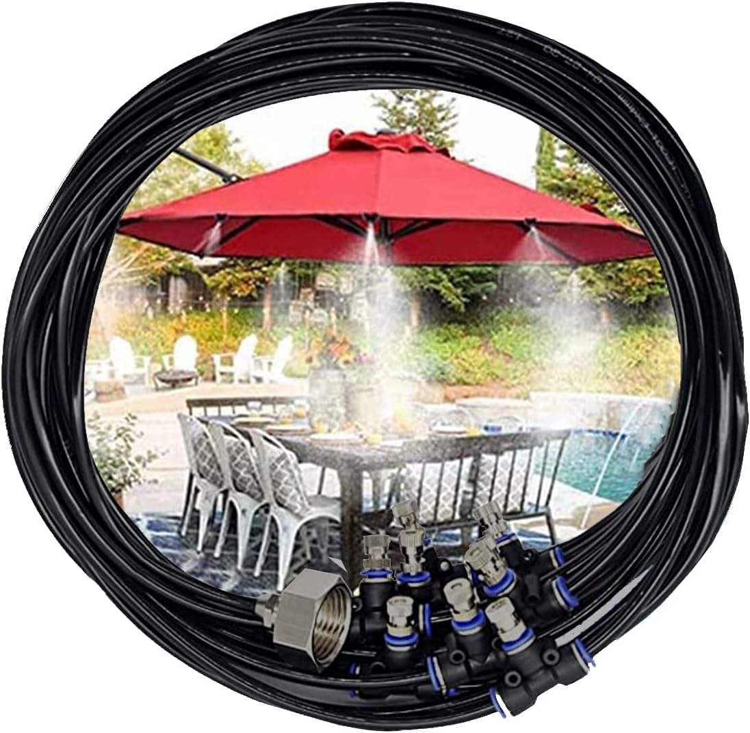 Tesmotor 8M Sprühnebel Kühlung Set, Outdoor Misting System mit 9 Messing Nebeldüsen, Nebelkühlung für Garten Gewächshaus Sonnenschirm