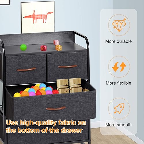 Miniatura 6 de HOMHUM Cómoda de 4 cajones cómoda de tela con mango de madera marrón marco de acero resistente parte superior de madera para dormitorio sala de