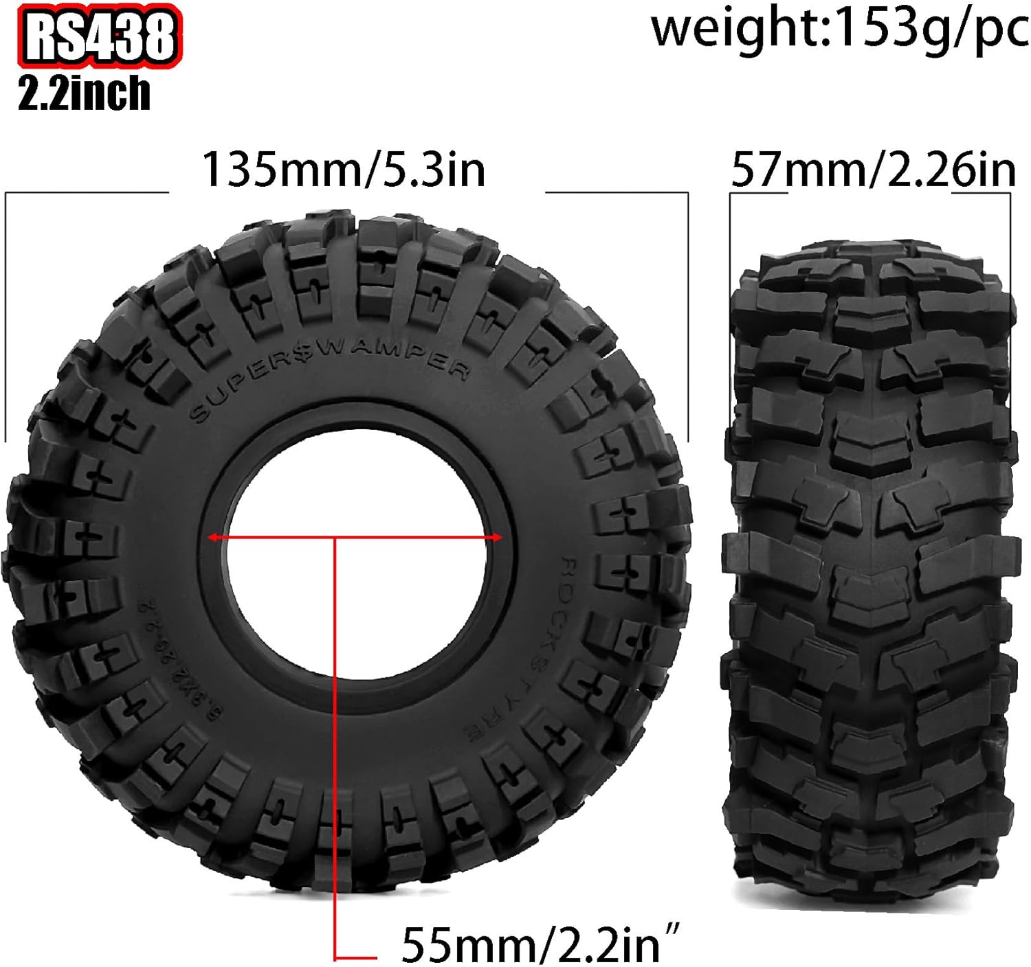 REDSPIDER•2.2 Crawler Tires 1/10 1/8 RC Soft Rubber Mud Tyres (4PCS) OD 135mm For RC Crawler Car Traxxas TRX4 TRX6 Axial SCX10 RC4WD D90 D110 TF2 Tamiya CC01 Gen7/8 2.2 Beadlock Wheel