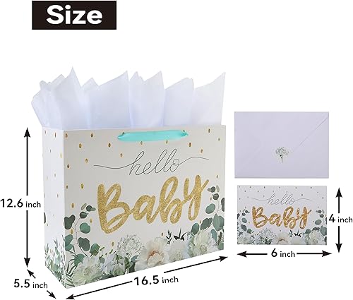 Miniatura 2 de Juego de bolsas de regalo blancas extragrandes de 16.5 pulgadas con tarjeta de felicitación y papeles de seda (purpurina dorada 'bebé') para baby