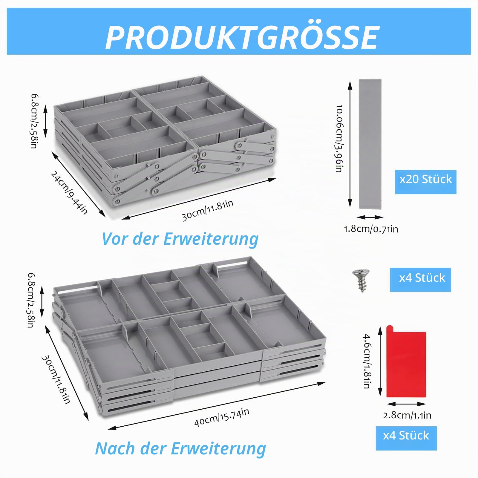 Schubladen Organizer System Verstellbar Faltbar, 3 Stufige Expandable Schubladen Organizer, Faltbare Desktop Organizer Box Werkzeug Aufbewahrung für Schreibtisch Schminktisch Büro Küche(Doppelreihig)