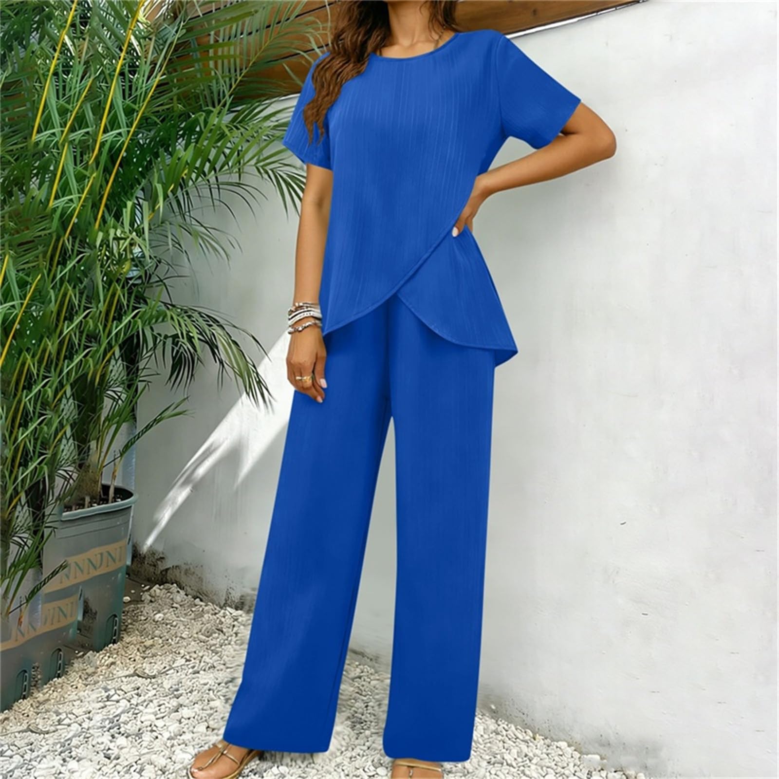 AACH Hosenanzug Damen Sommer Outfits Elegant Slim Fit 2-Teiliges Kurze Ärmel Rundkragen Oberteile und Weite Hose Zweiteiler Geschäft Büro Sportanzug Locker Einfarbig Freizeitanzug Mode Anzug