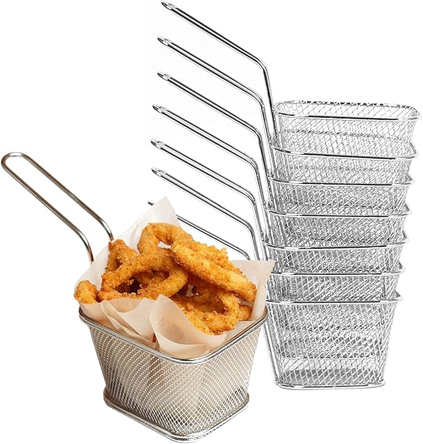 8 Pack Mini Chip Serving Frying Baskets with Handle, Stainless Steel French Fry Chef Chrome Fryer Basket Set for Cooking Gadgets, Chips, Onion Rings, Chicken Wings
