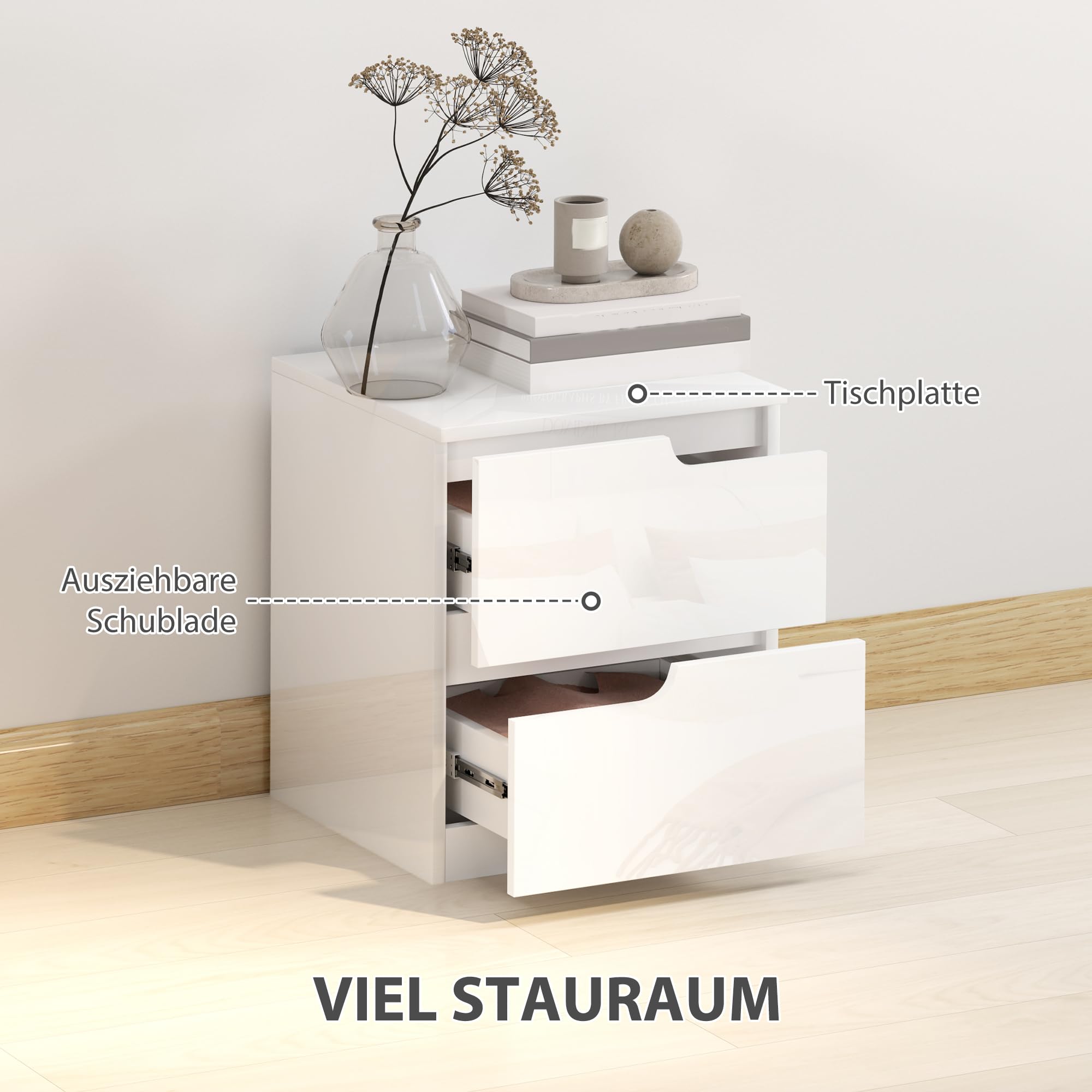 HOMCOM Nachtschrank Nachttisch 2 Schubladen 40 x 40 x 48 cm Hochglanzweiß