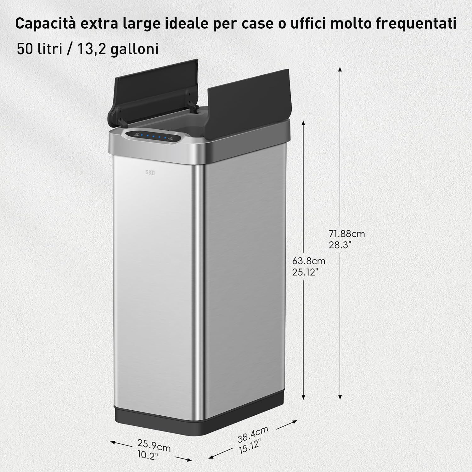 EKO Pattumiera Cucina Automatica 50L Phantom-T | Sensore Touchless Verticale | Acciaio Inox Spazzatura Antimpronta | Chiusura Silenziosa Bagno
