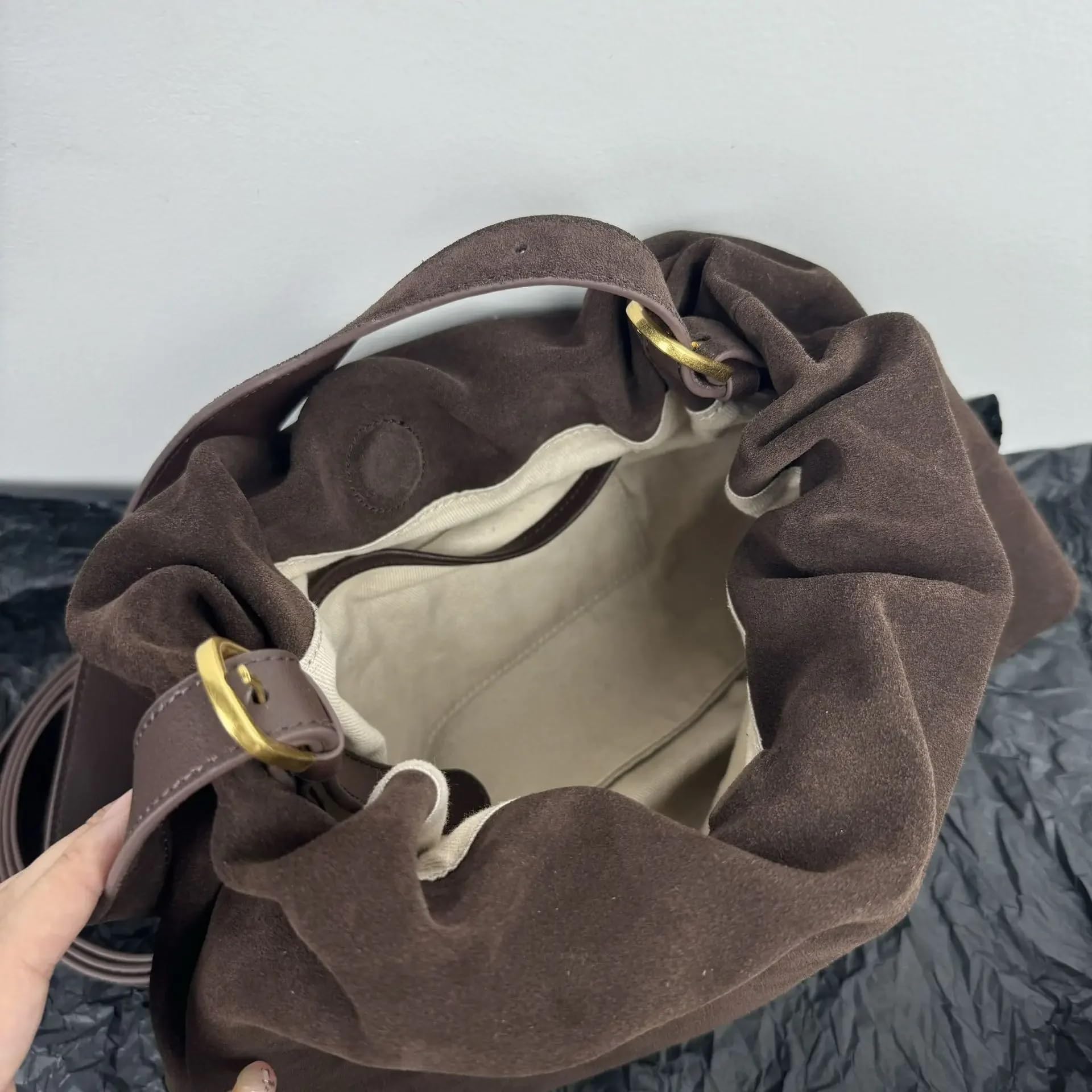 Geraffte Unterarm-Tragetasche aus mattem Leder mit zwei Riemen for Damen