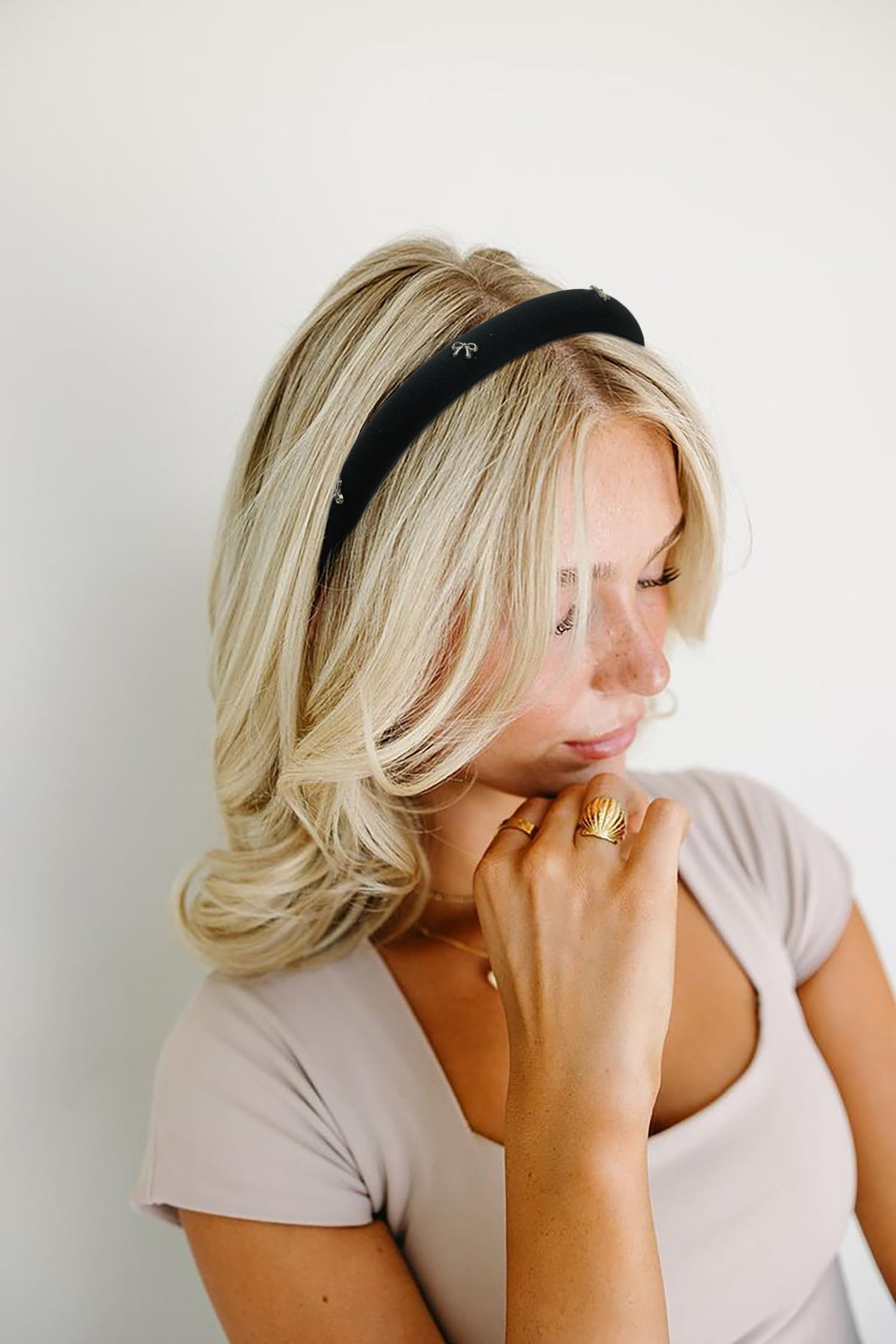 TEBIEKOY 2 fasce sottili imbottite con fiocco per donne, fasce nere antiscivolo da donna alla moda graziose fasce per capelli in tessuto rosa per accessori per capelli da donna