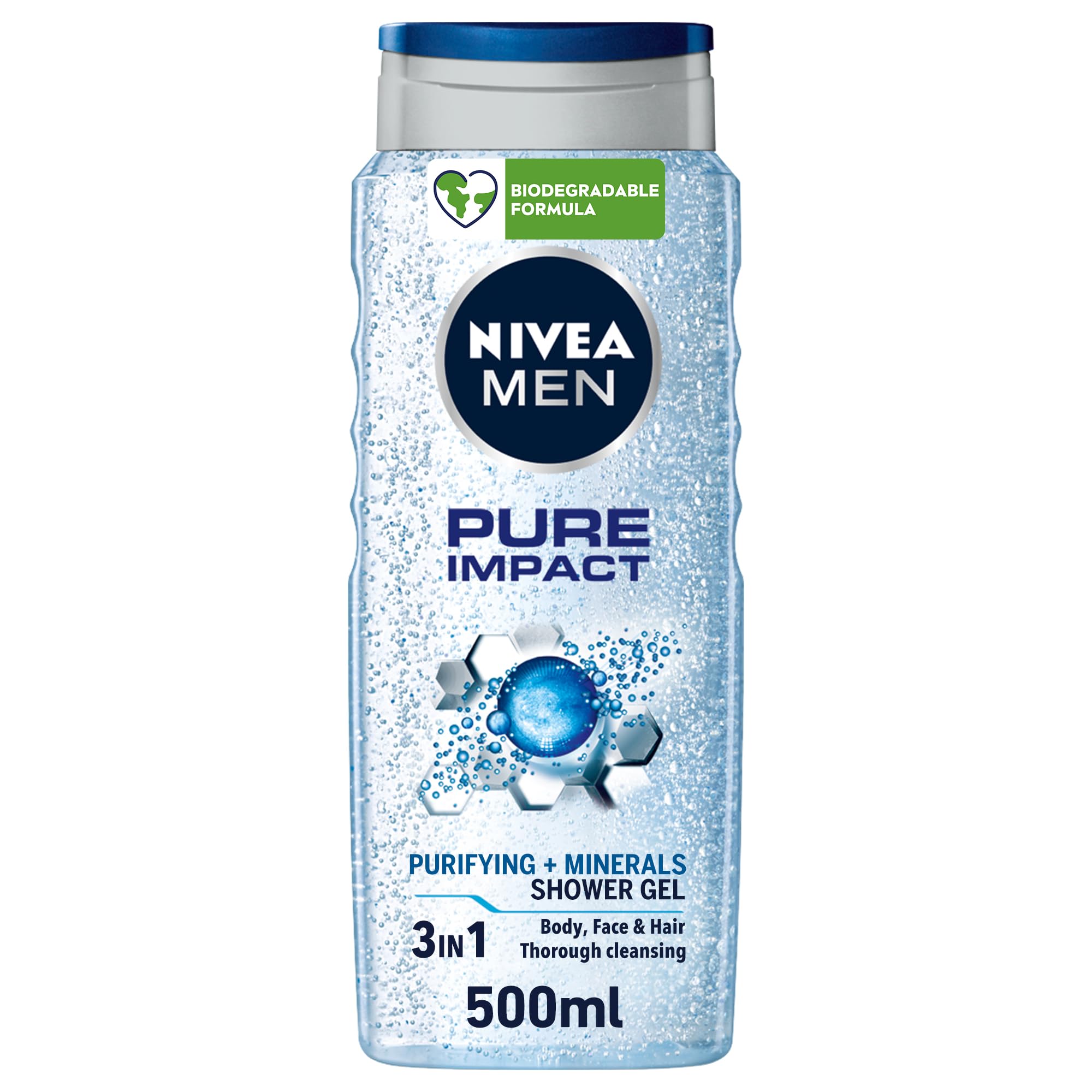 NIVEA MEN Pure Impact 3in1 Shower Gel, Cleans Body, Face and Hair, with Purifying Particles, Deep Cleansing for a Fresh Feeling, for All Skin Types, 500ml