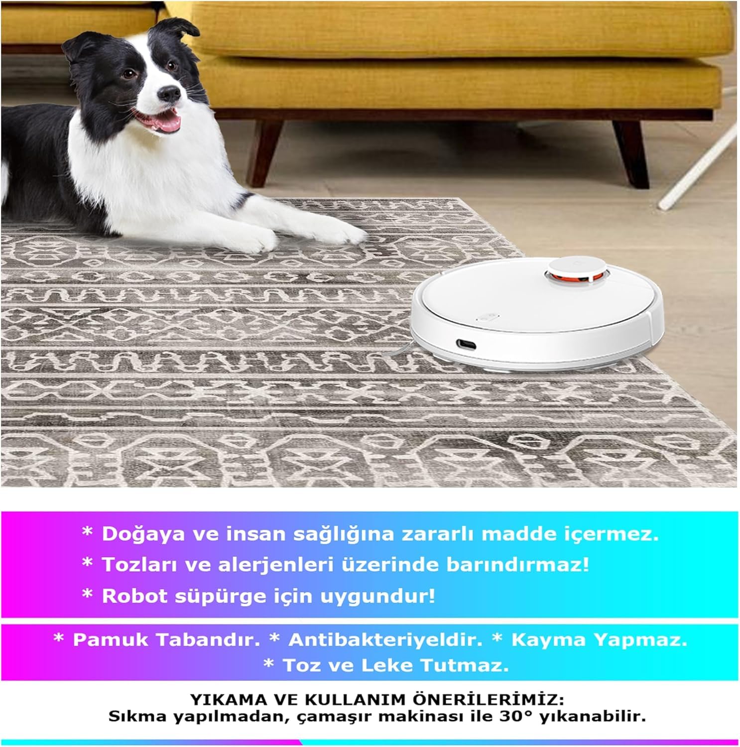 Latte Dizayn Adoni Desenli Kadife Pamuk Tabanlı Yıkanabilen Kaydırmaz Antibakteriyel Salon Halısı (160x230)