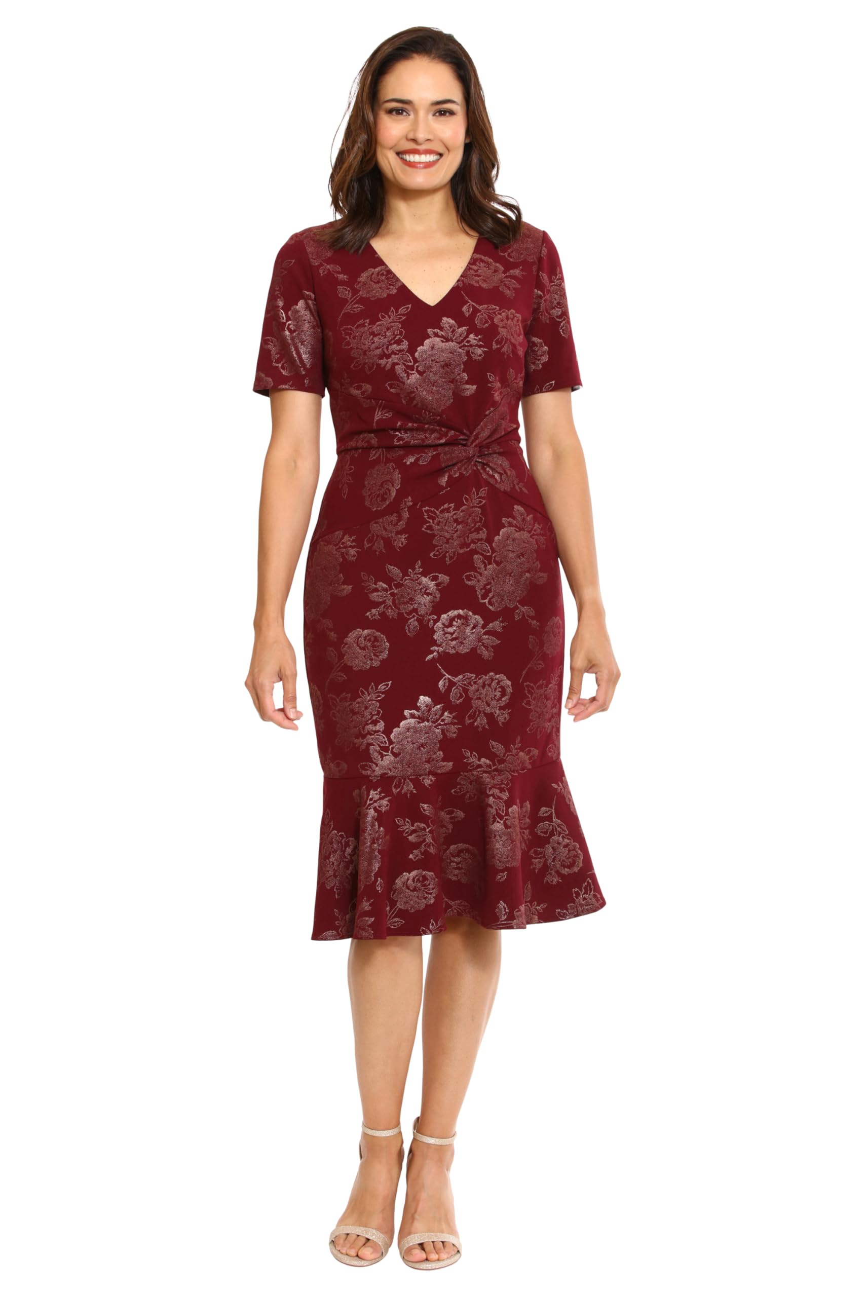 London Times Women's V-Neck Dress - Flounce Hem, Twist Waist, Elegant Office &amp; Event Wear