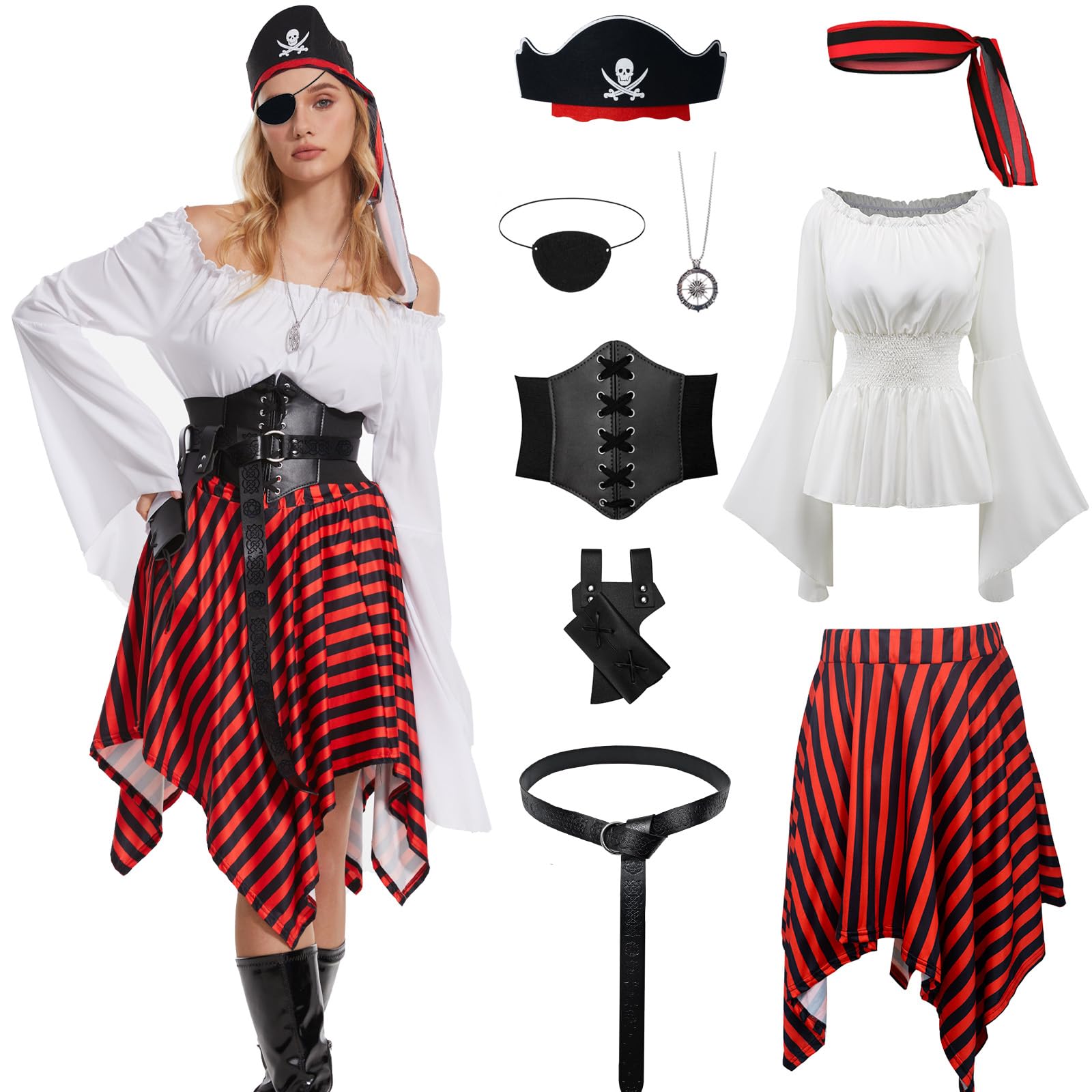 AJGEGJE Pirate Costume for Adult Women With Waist Belt, Headscarf, Eye Patch - Medieval Set for Halloween Cosplay (White, L)