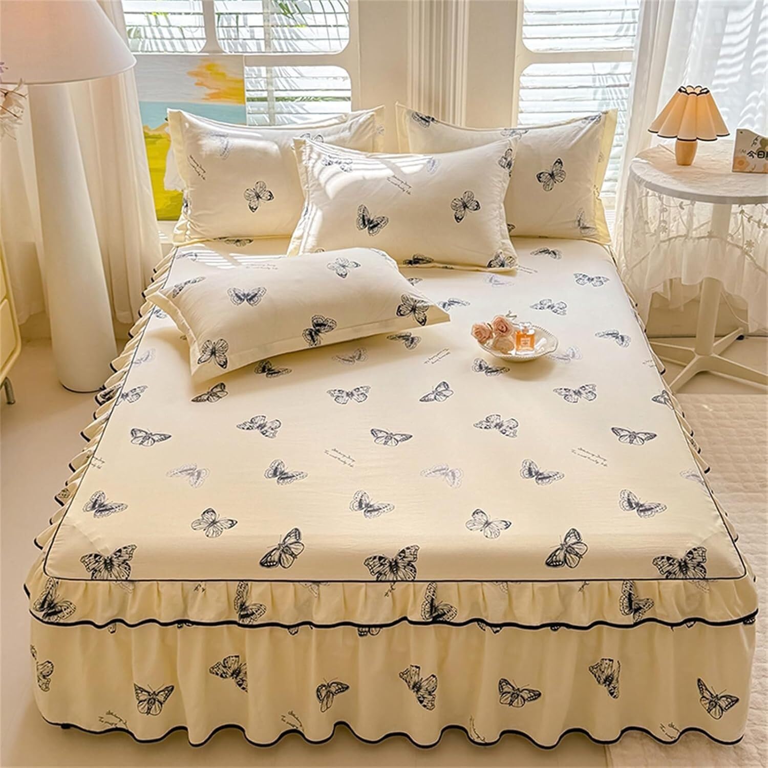 Housse de couette papillon 120x200cm avec jupe de lit matelassée à volants
