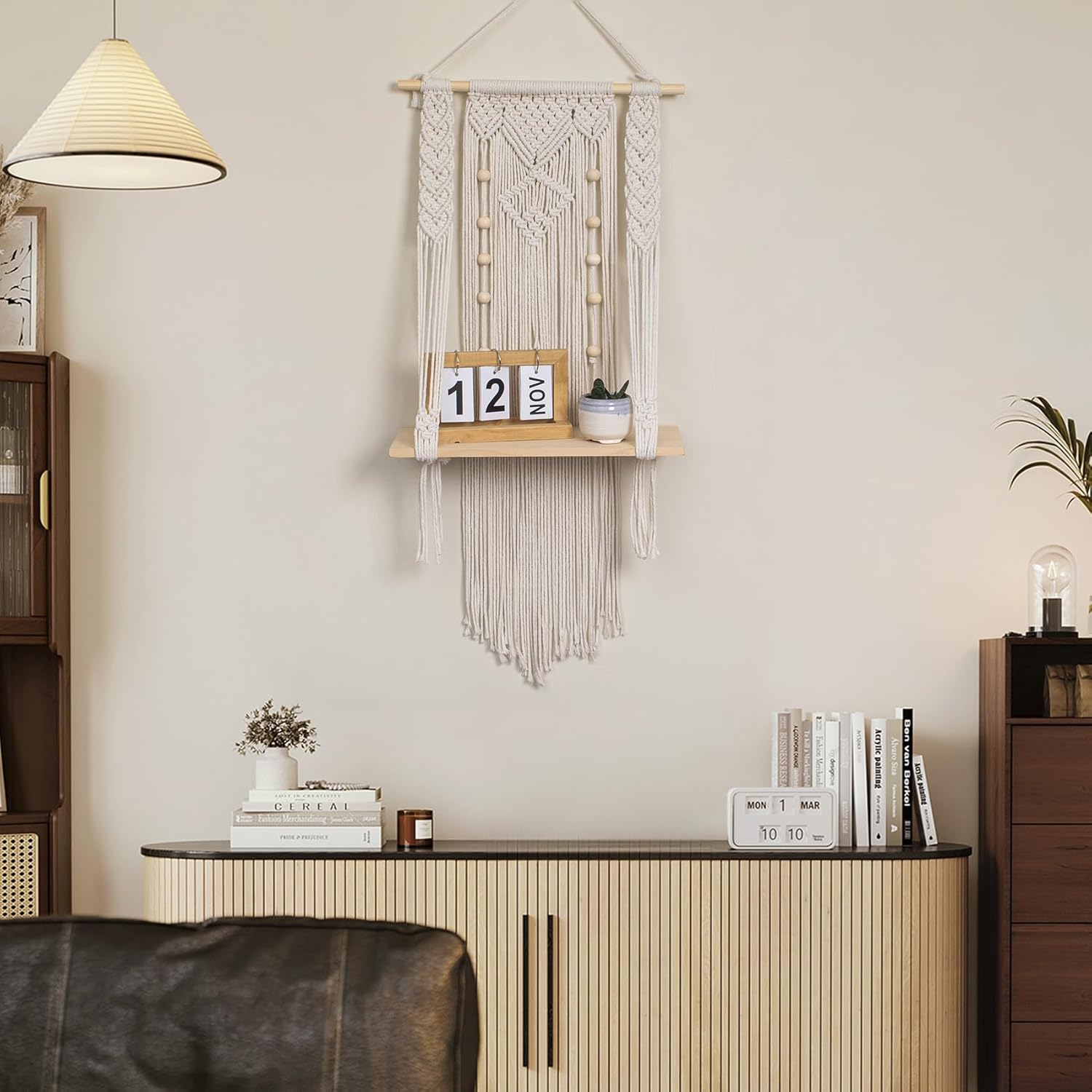 HVEST Macrame Wall Hanging Shelf Boho Decor Handmade Woven Tapestry for Bedroom, Macrame Wall Art Wood Floating Shelf for Living Room Office Nursery Decor Plant Hanger, 34.2L X 15.7W inches