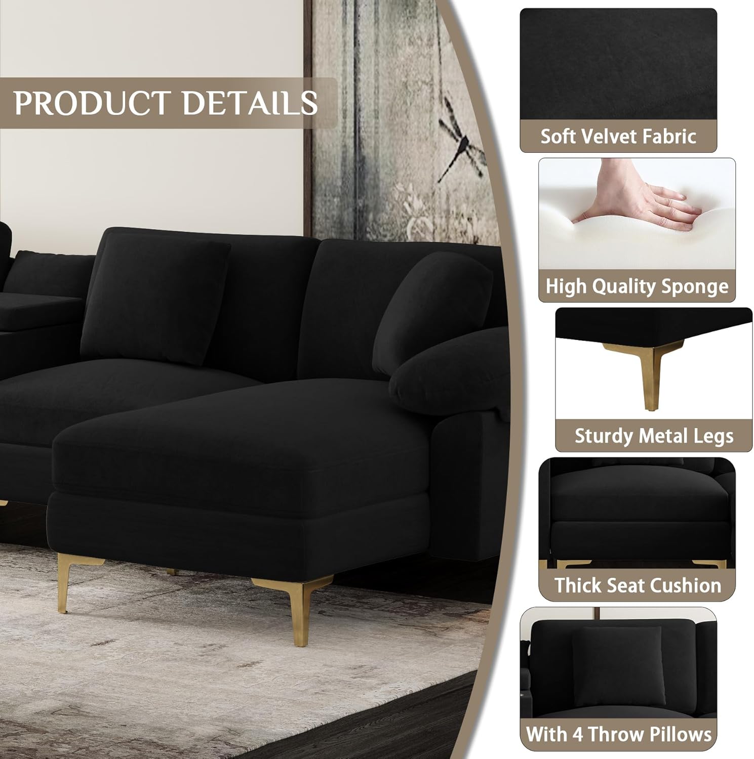 OUYESSIR U-Shaped Sectional Sofa Couch, 4 Seat Sofa Set for Living Room, Convertible U-Shaped Velvet Couch Set with USB Port Central Console Ottoman,128 inches (Black)