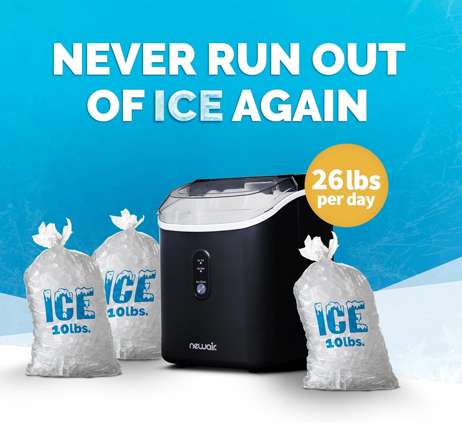NewAir Nugget Ice Maker | Countertop Portable Ice Machine | 26 lbs/Day Soft Chewable Nugget Ice in 10 Min | Matte Black Compact Design