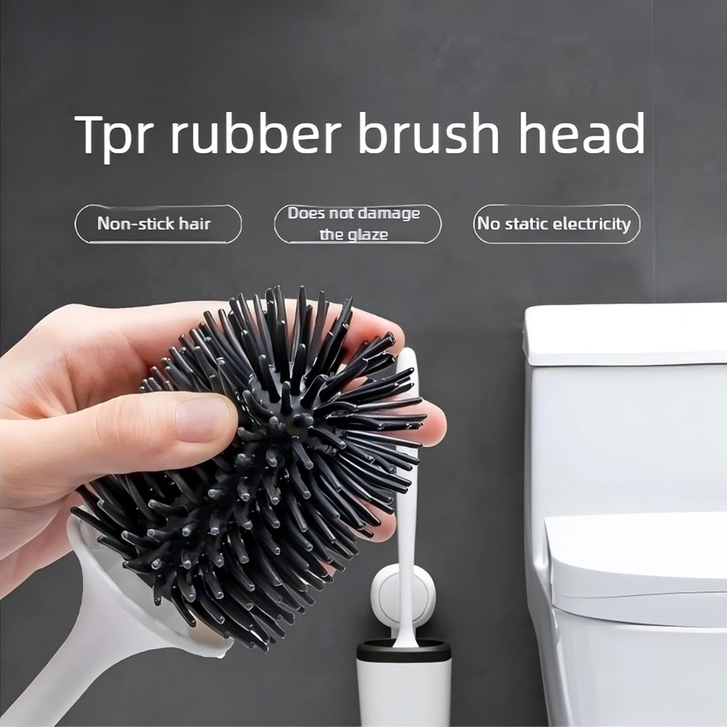 Toilet Bowl Brush and Holder Premium Quality，No Drill Wall Mounted Toilet Brush with Long Handle, Suction Cup Toilet Brush Holder, Non-Scratch Toilet Bowl Brush with Detachable Head,