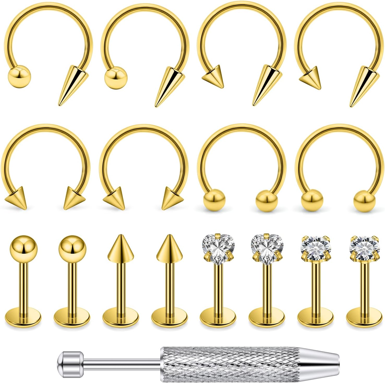 16G Snake Bite Jewelry Surgical Steel Lip Rings Horseshoe Labret Medusa Piercing Jewelry Long Spike Tragus Helix Stud Earrings for Women Men Piercing Ball Grabber Tool Set