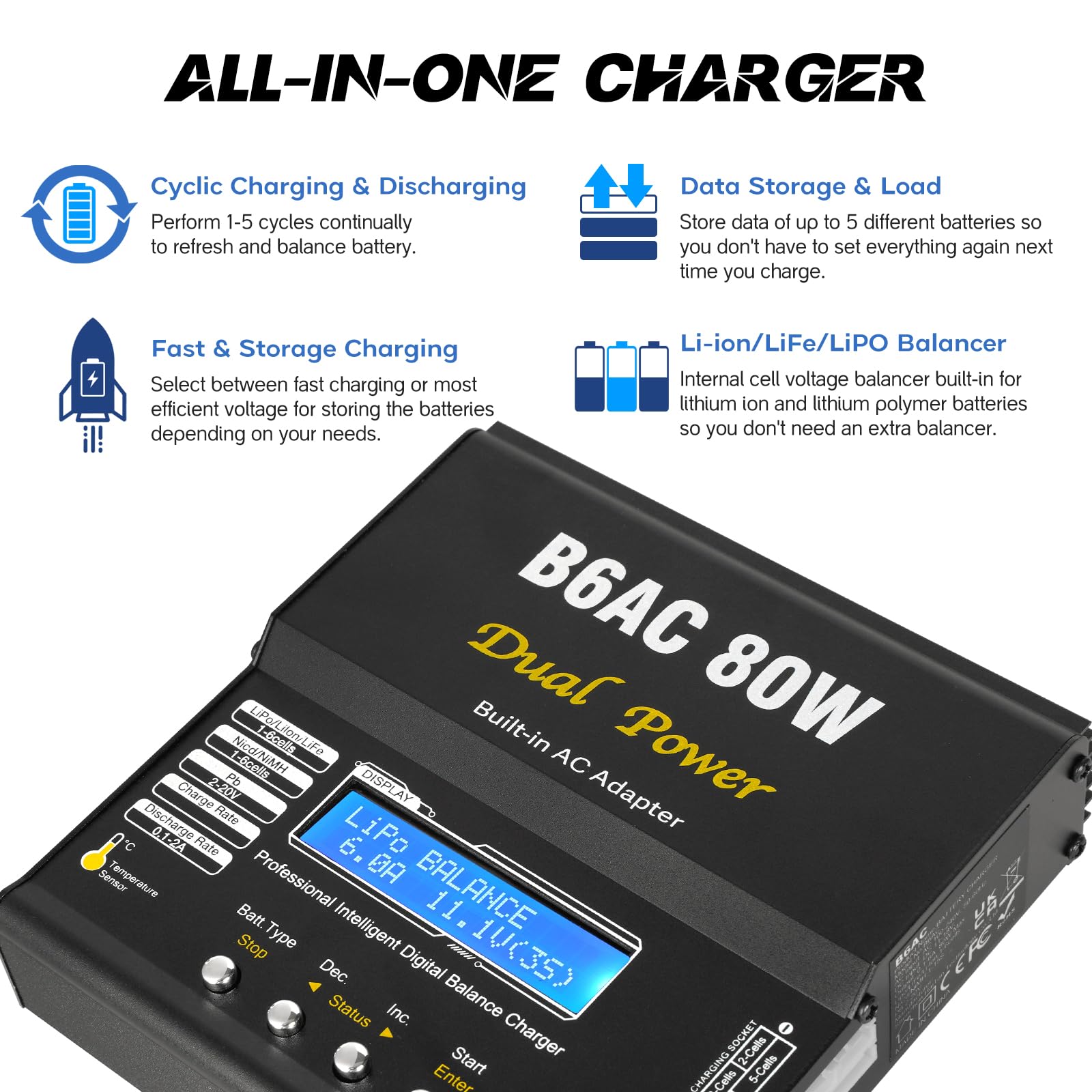 HTRC B6AC LiPo Charger Balancer 80 W 6 A RC, ładowarka LiPo do LiPo/Li-Ion/Life (1-6S), NiMH/NiCd (1-15S) i PB Smart, ładowarka RC z wyświetlaczem LED i XT60/Deans/JST