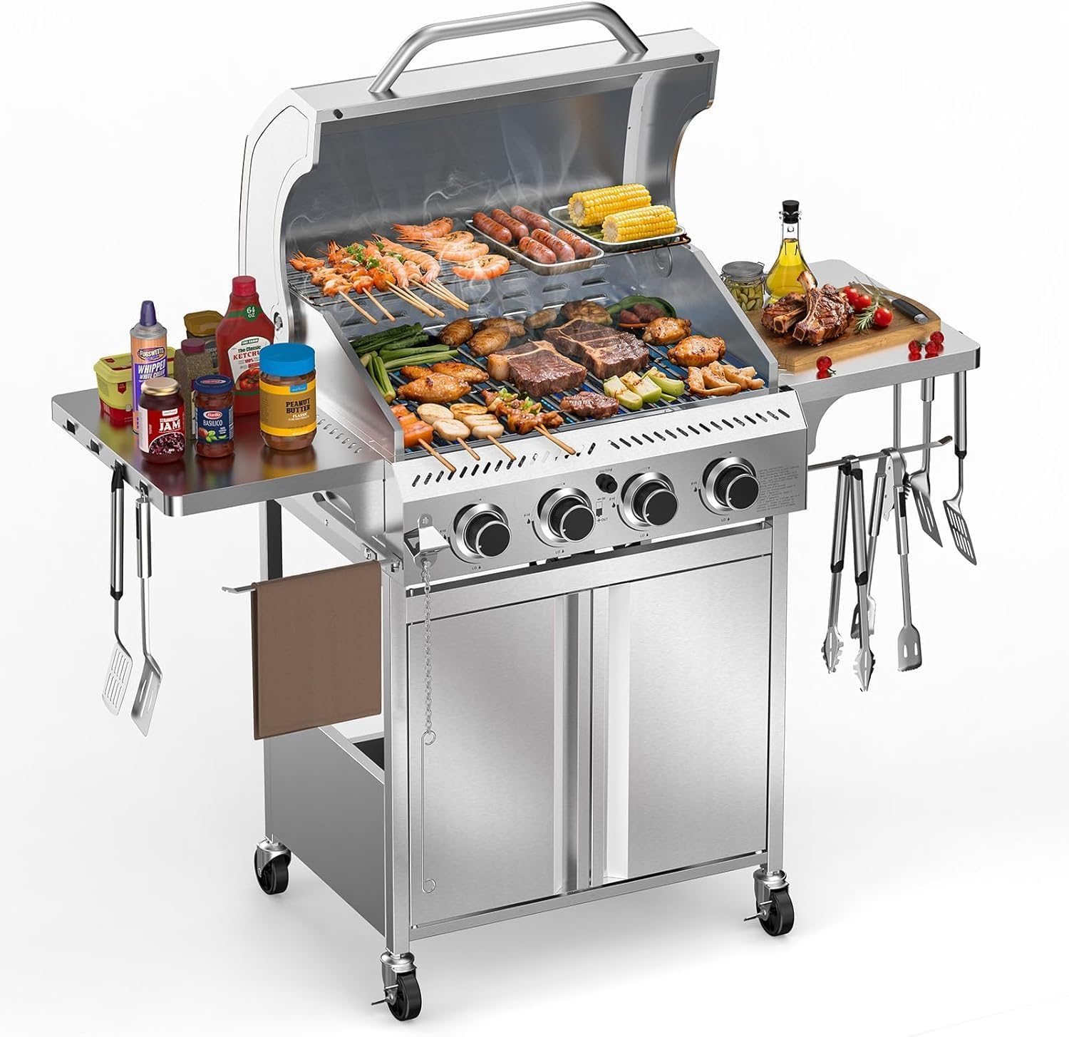 4-Burner Gas Grill,Propane Grill with Folding Side Tables,Heavy-Duty Thickened Stainless Steel Grill,32,000 BTU BBQ Grill for Outdoor Cooking,Barbecue,Garden and Patio Backyard
