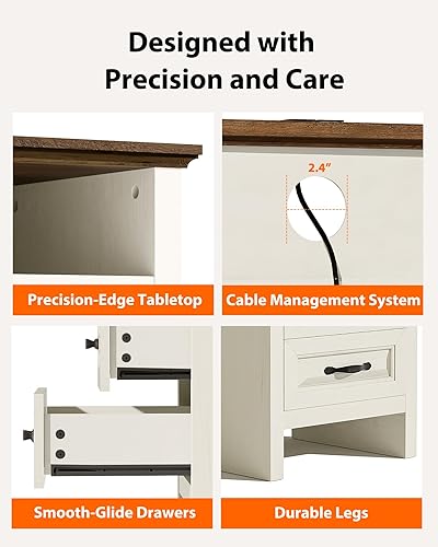 Vista 7 de Pipishell Mesita de noche con estación de carga, mesita de noche de granja con 2 cajones y almacenamiento abierto, mesa auxiliar rústica con salidas