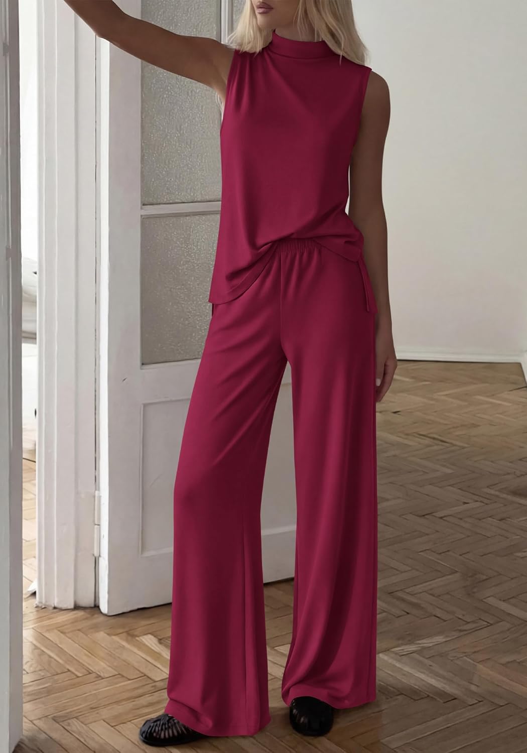 BTFBM Summer 2 Piece Lounge Sets For Women Sleeveless Mock Neck Top Wide Leg Pants Spring Vacation Airport Travel Outfits - Image 5