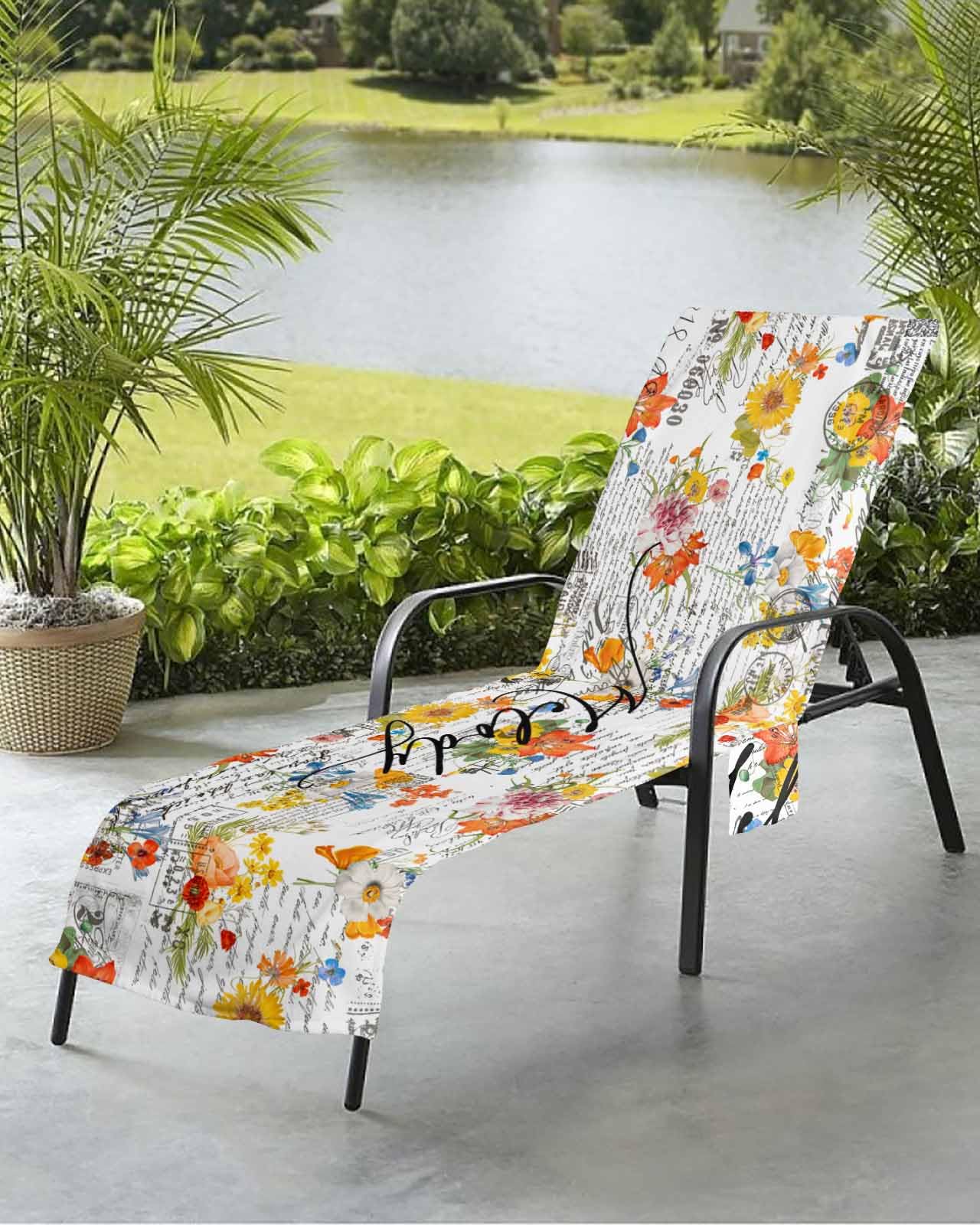 Newspaper Floral Beach Chair Towel Covers for Chaise Lounge with Side Pocket, Soft Plush Pool Towels Cover for Patio Sunbathing Outdoor Vintage Botanical Flower Plant White 29''x85''