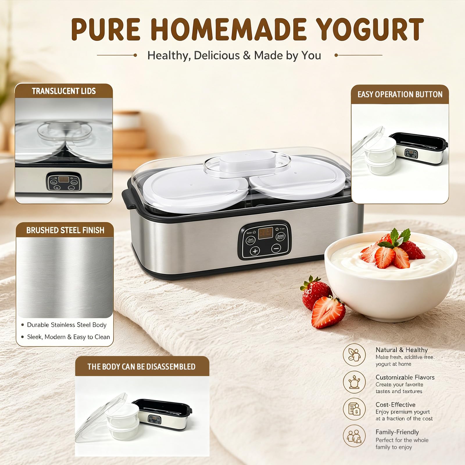 Joghurtbereiter 25W mit 2 Gläsern, Automatischer Joghurtbereiter mit einstellbarer Temperatur- und Zeiteinstellung, Elektrischer Milchfermenter für Joghurt, Pudding & Smoothie