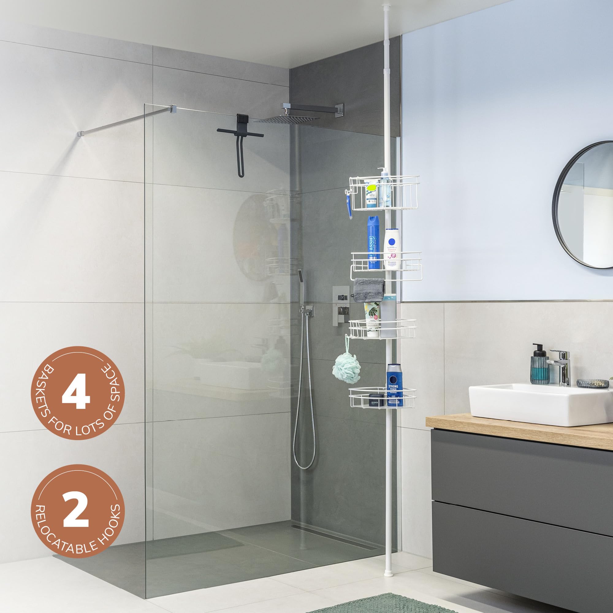 Bremermann Étagère D'Angle Télescopique 4 Paniers – Hauteur 140-290 Cm – Rangement Salle De Bain & Cuisine Sans Perçage