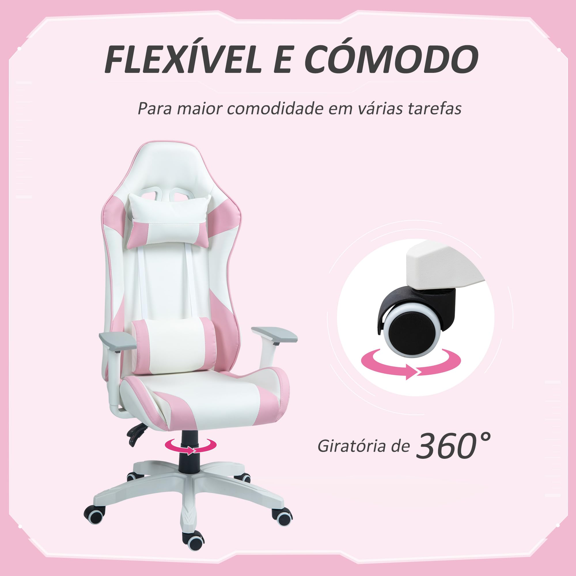 HOMCOM Silla Gaming Reclinable Silla Gamer Giratoria Silla de Oficina Basculante con Cojín Lumbar Reposabrazos 3D Reposacabezas Extraíble y Altura Ajustable 67x60x120-128 cm Blanco y Rosa