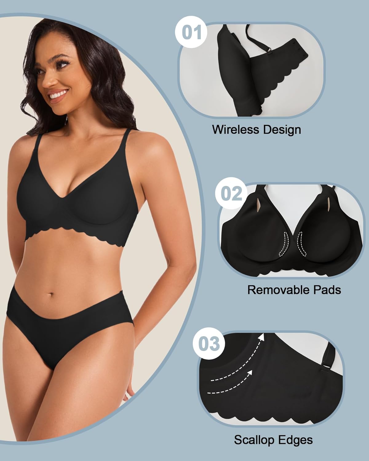 Deep V Bra Low Cut Plunge Bras V Neck Wireless Bralette Padded Seamless Bra with Scalloped Edges - Image 3