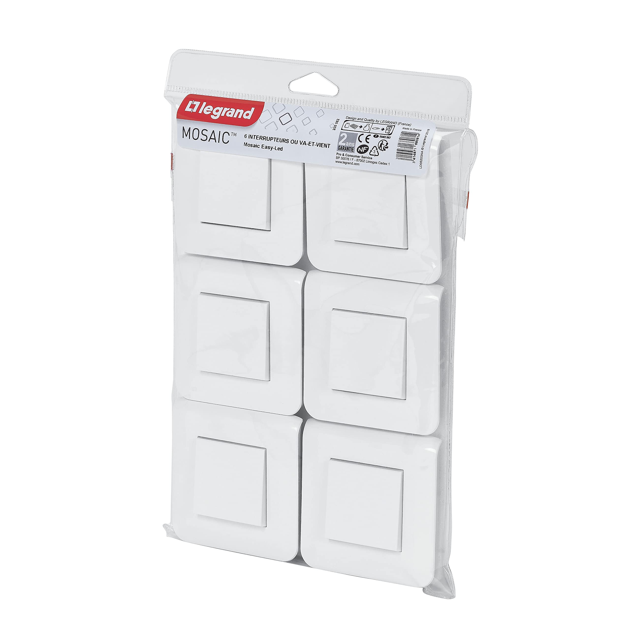 Legrand - Lot de 6 interrupteurs simple ou va-et-vient Mosaic 10A blanc complet avec plaque et fixation à vis