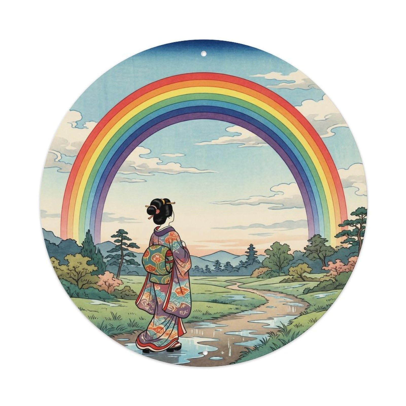 Galvaxio Style Japanese Kimono Woman Viewing Rainbow Spanning Sky Metal Tin Sign