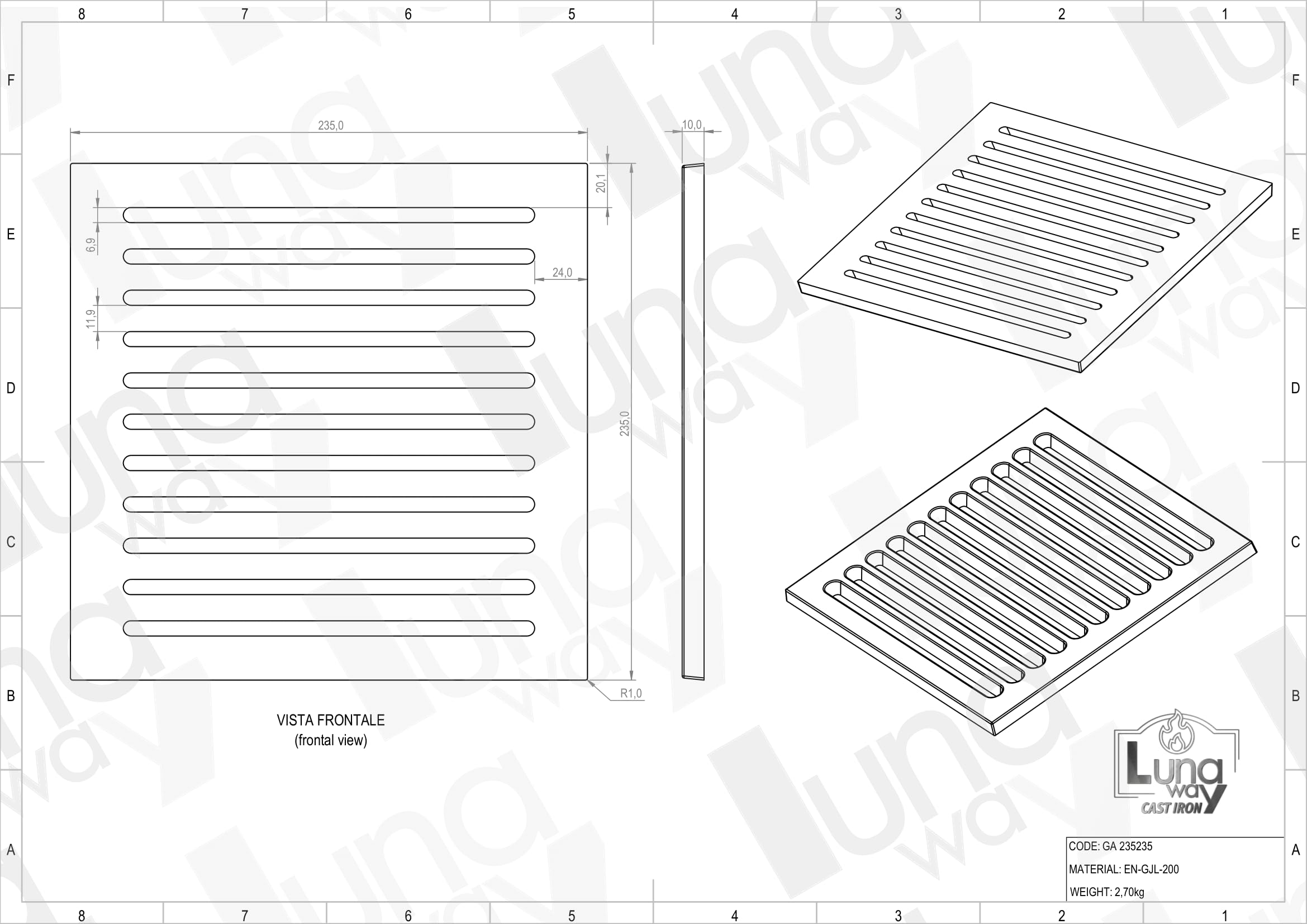 LUNAWAY Gusseisenrost Für Kamin & Ofen – 1 Cm Stark, 23,5x23,5 Cm, Optimale Luftzufuhr & Langlebig