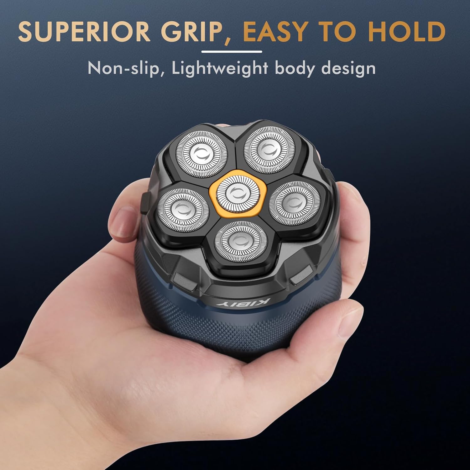 A hand holding the Kibiy Electric Shaver, showcasing its compact size and ergonomic, non-slip design.