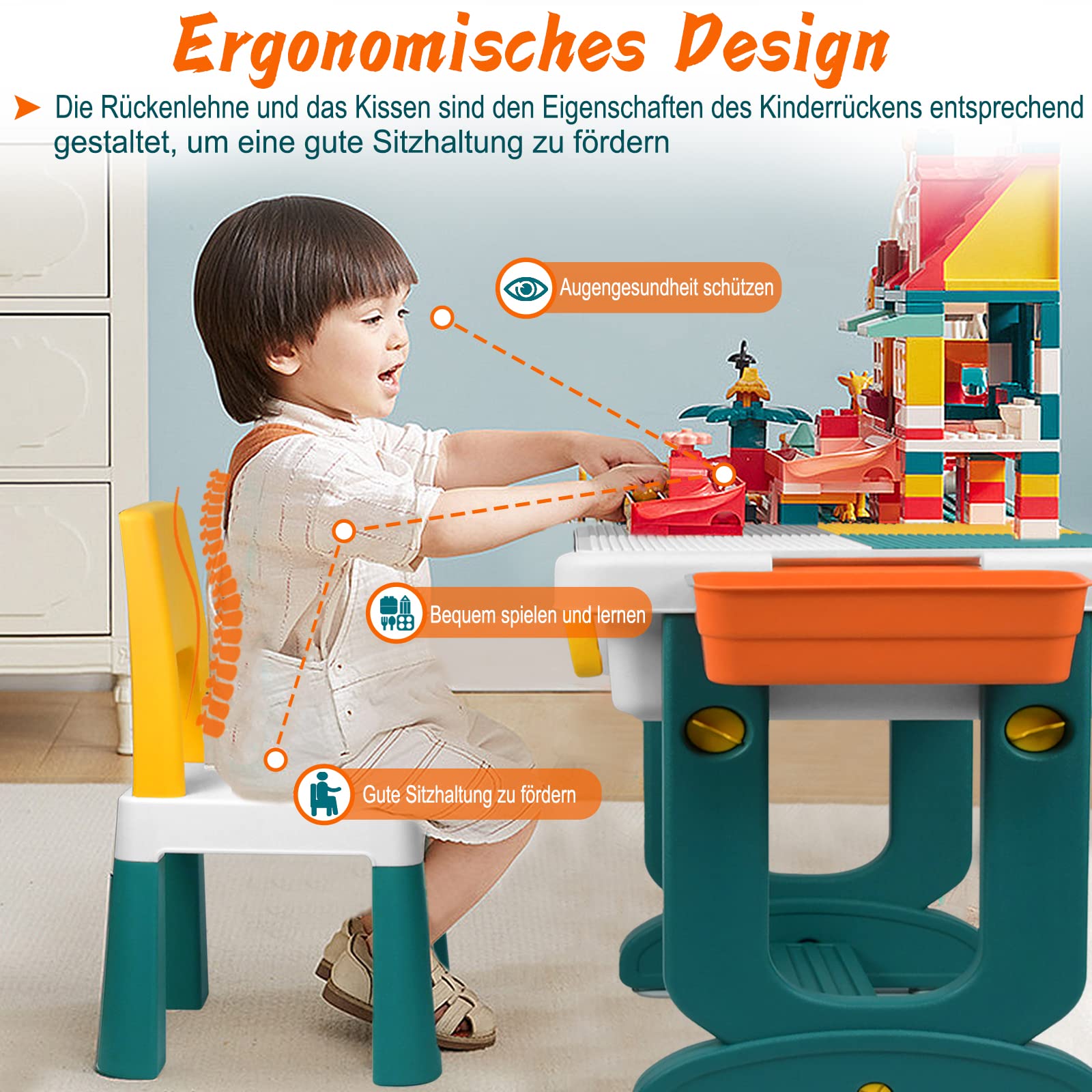 Mesa Infantil con sillas, Juego 5 en 1, Mesa para niños, Mesa de Juegos con 1 sillas, Mesa de Doble Cara, Altura Ajustable, Espacio de Almacenamiento Multifuncional para niños